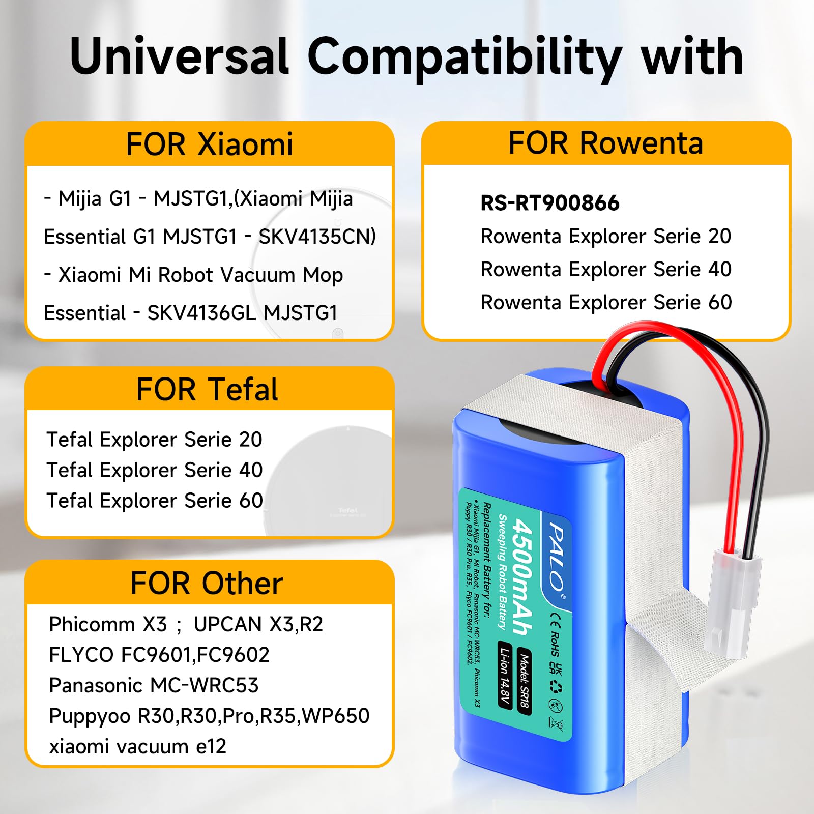 4500mAh Batería para Rowenta RS-RT900866, Rowenta Tefal Explorer Serie 20 40 45 50 60, cmicr18650f5-4s1p, Rowenta Explorer 20 RR682, RR687, 40 R727, RR724, Robot Vacuum E12