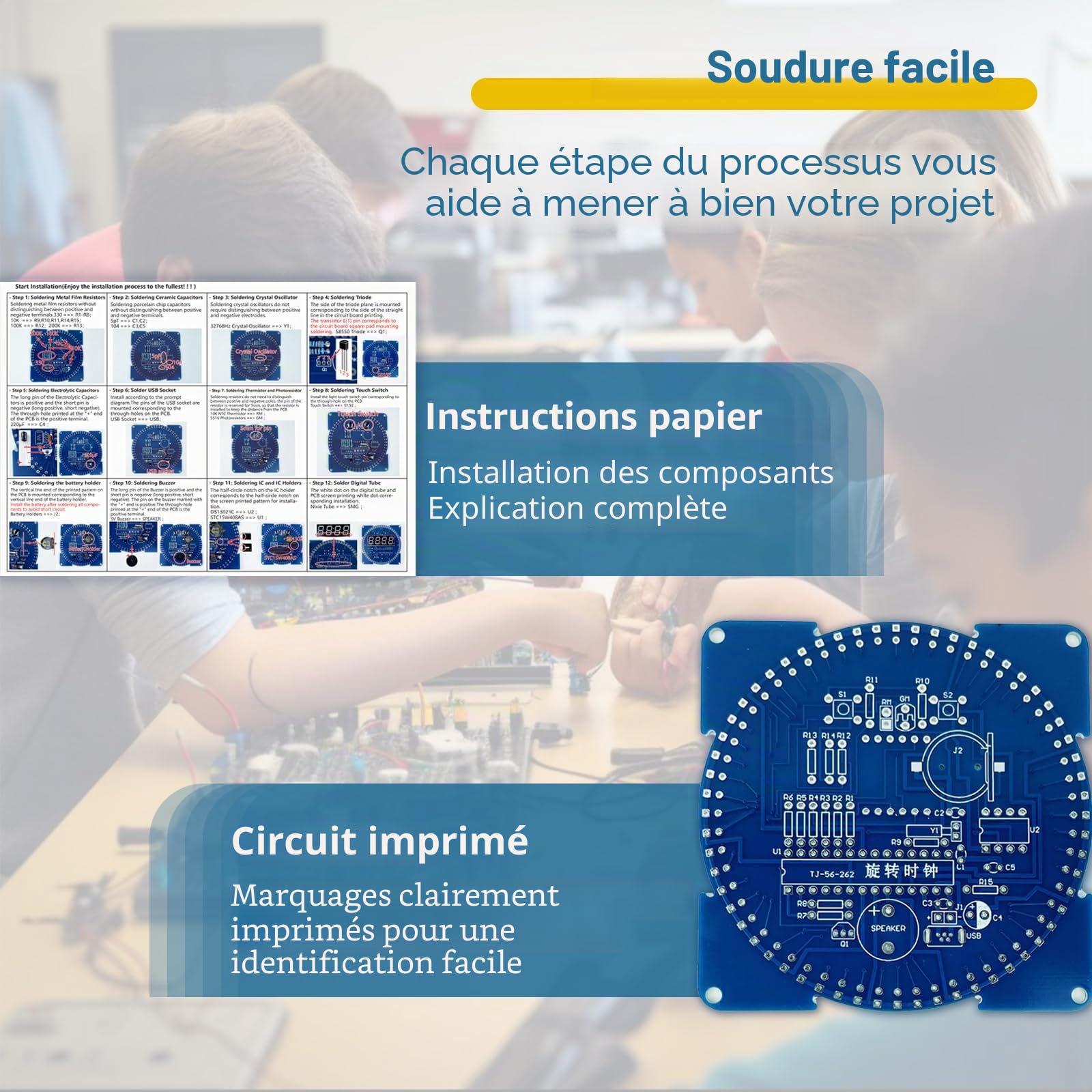EIELE 4 tubes numériques horloge électronique rotative contrôle de la température contrôle de la lumière kit de soudage multifonction boîte transparente kit de bricolage électronique pour loisirs