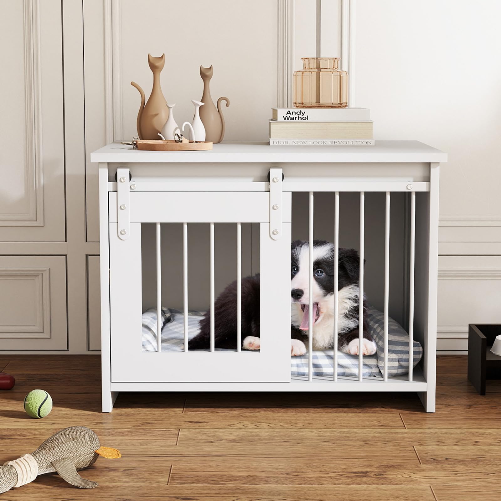 GOPLUS Jaula para Perros, Jaula para Mascotas con Bandeja Grande, Puerta Corrediza, Tubos Metálicos, Mueble Nido Interior para Perros Pequeños y Medianos, Mesa Auxiliar 80 x 60 x 60 CM (Blanco)
