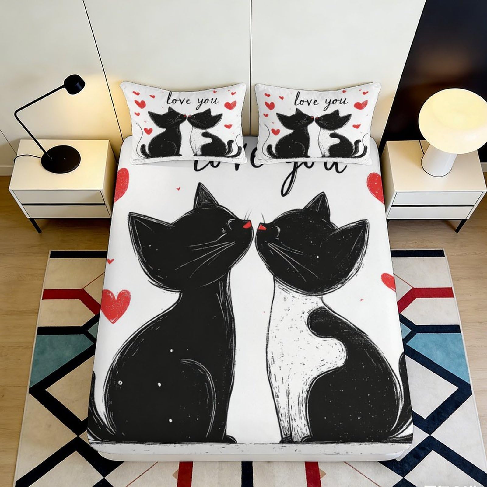 Jqzkxnhpbr Style-9 3D Printed Black Cat Fitted Sheet Microfiber Soft Bedroom Decor Love Heart Mattress Cover For Adult Teen Guest Room 90X200x25cm
