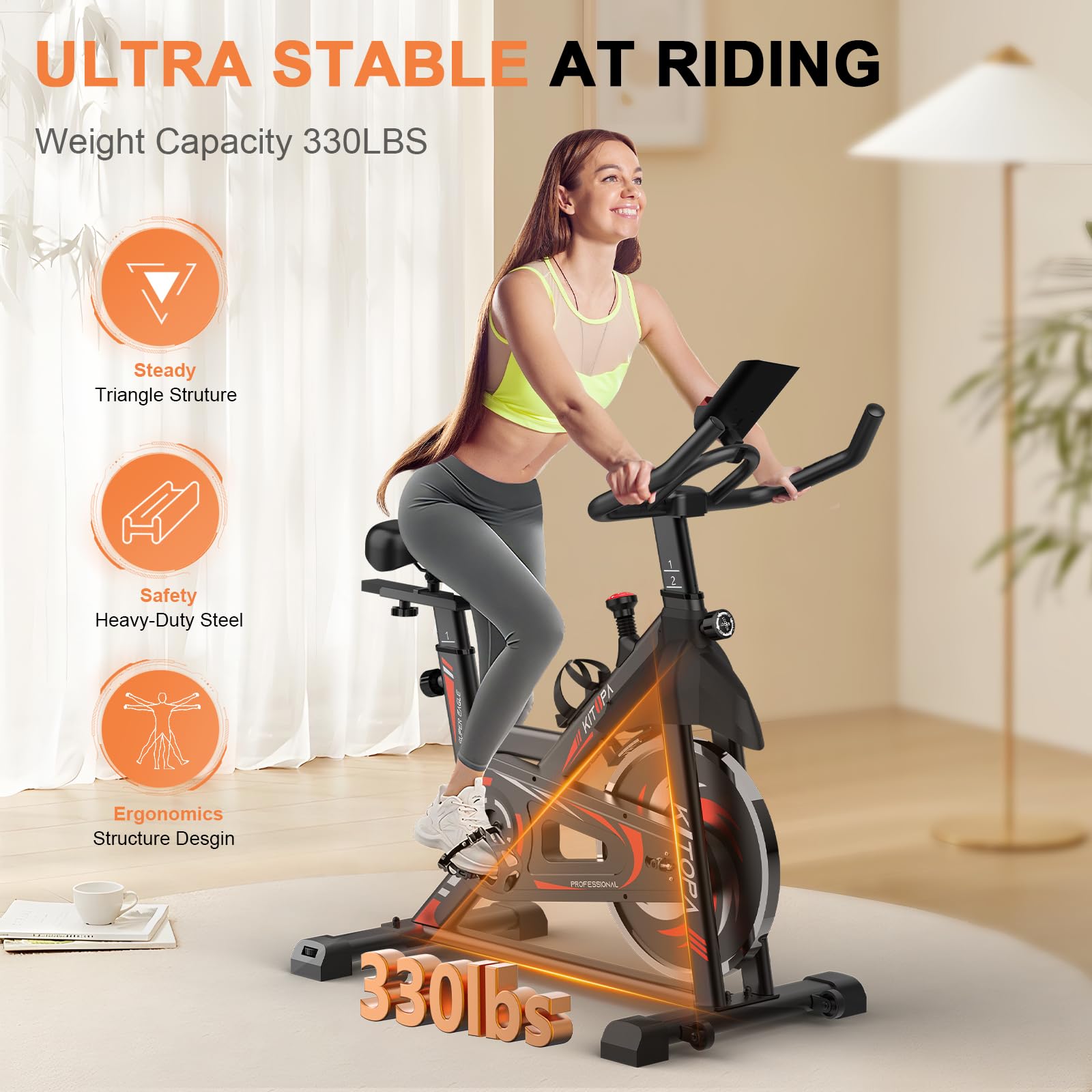 Kitopa Cyclette da Casa, Cyclette Professionale Magnetica con APP, Volano da 15 kg, Schermo Monitoraggio, Supporto Tablet, Capacità di Peso 150 kg