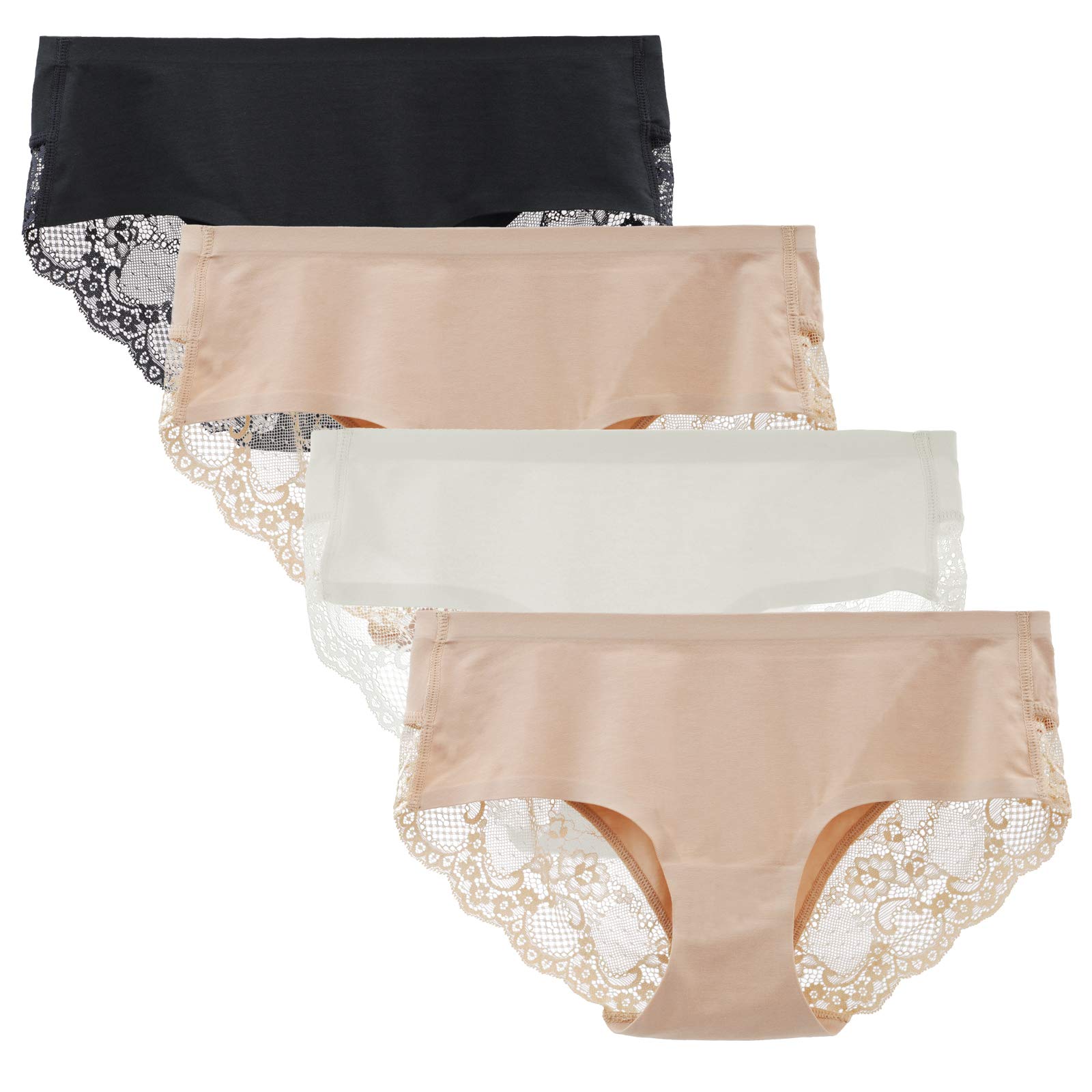 Women's 4 Pack Cotton Lace Coverage Seamless Brief Panty Underwear Large Black/Nude2/White