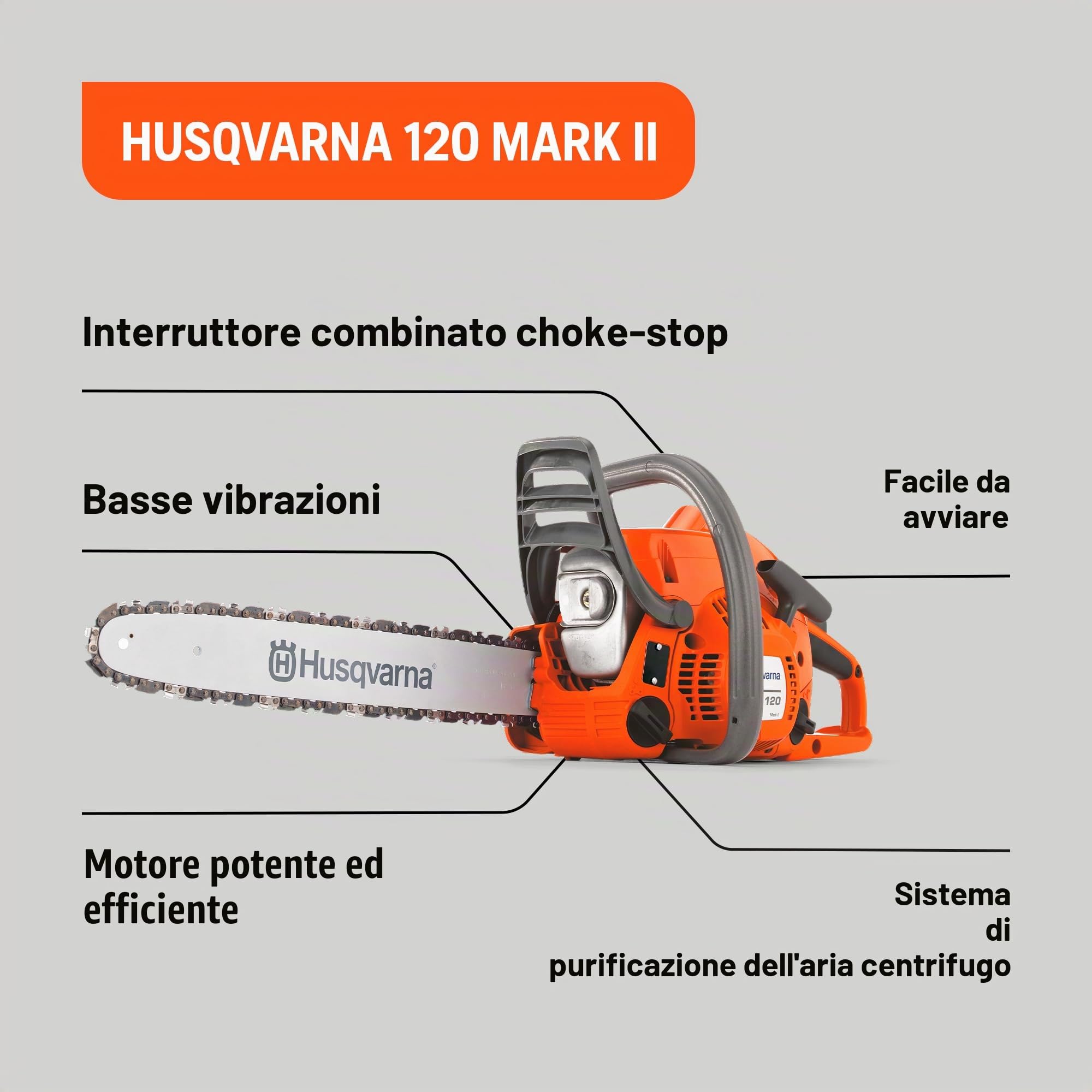 Motosega a scoppio Husqvarna modello 120 Mark II, 38.2 cc, 1.4 kW, barra da 35,6 cm, peso di 5.85 kg