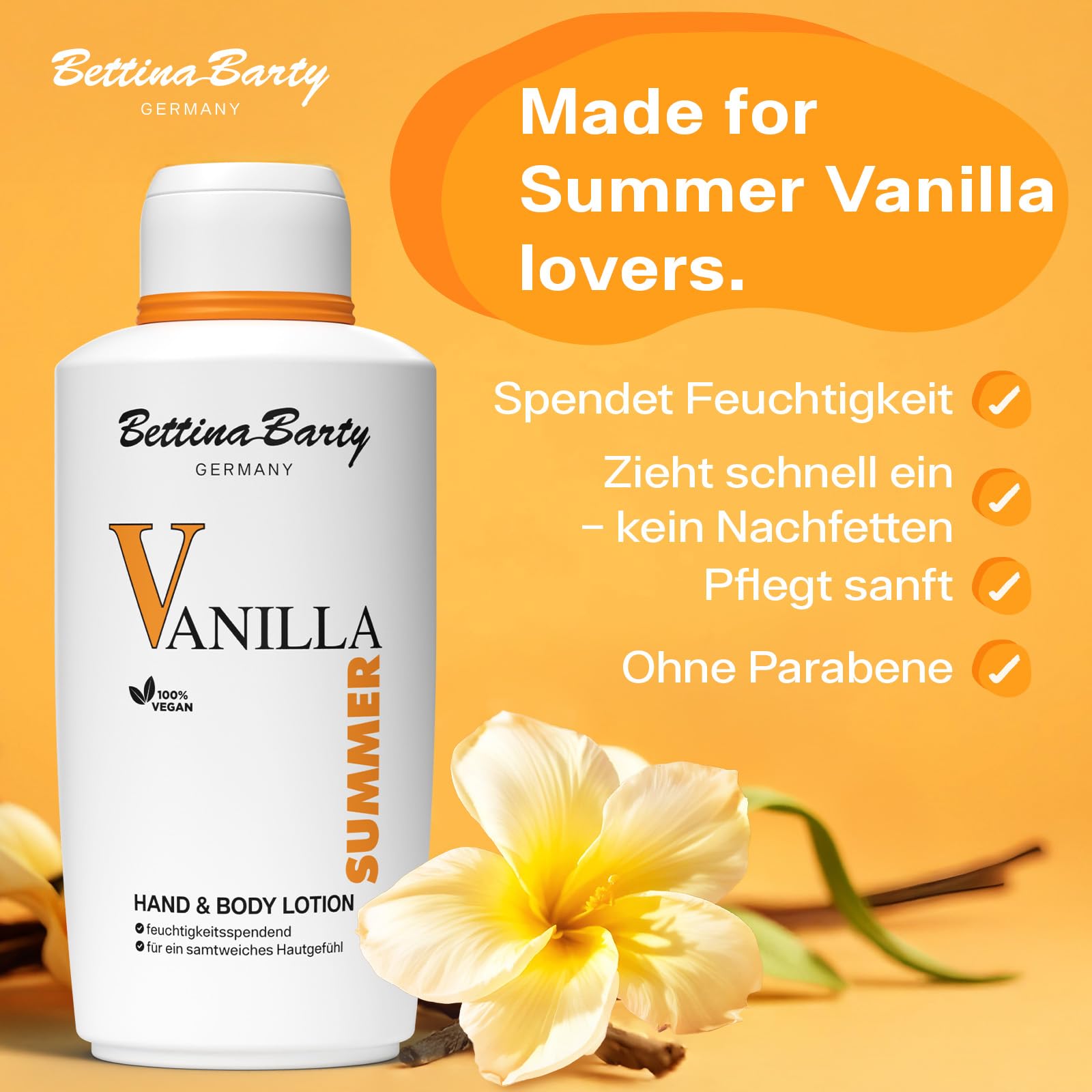 Bettina Barty Summer Vanilla Hand & Body Lotion 12 x 500 ml – Feuchtigkeitspflege mit sommerlichem Vanilleduft für Haut & Hände – mit schnell einziehender Formel
