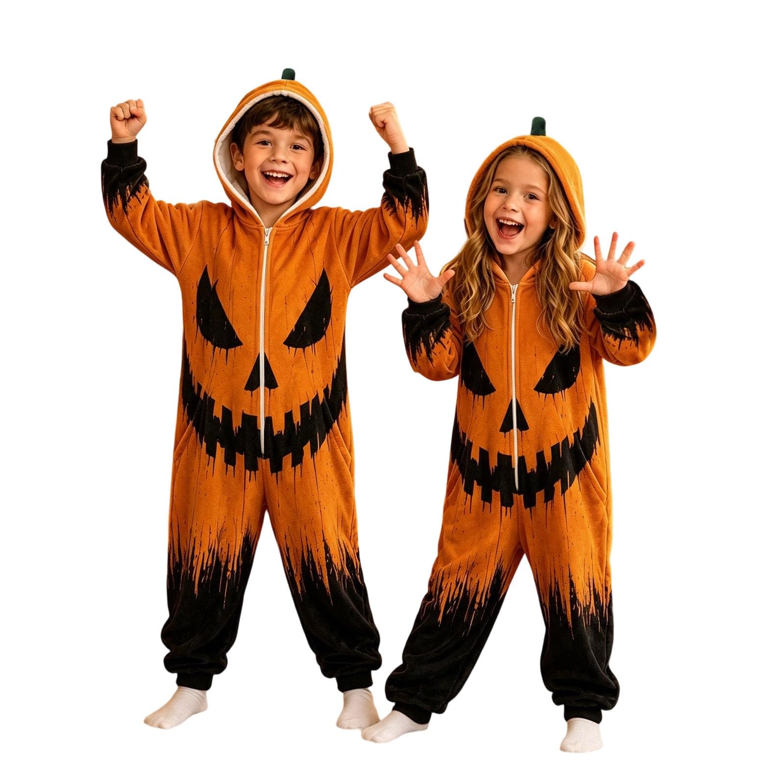 Kids Hooded Pumpkin Fleece Onesie Soft One Piece Halloween Fancy Dress Outfit with Green Leaf Collar Lantern Print Front Zip Cosplay Costume for Kids Dress Up Play Trick or Treat Events — image 1