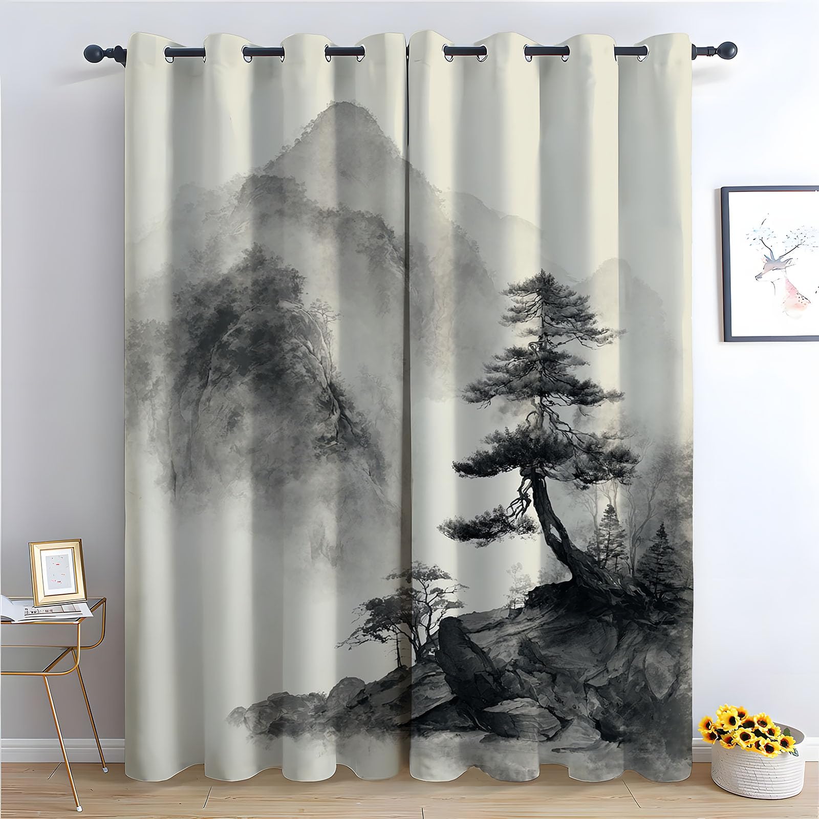 Zasłona nieprzejrzysta na przelotkach, malarstwo tuszowe, zasłony na przelotkach, dekoracyjna, zaciemniająca, zestaw 2 sztuk, wys. 140 x szer. 110 cm (2 sztuki)