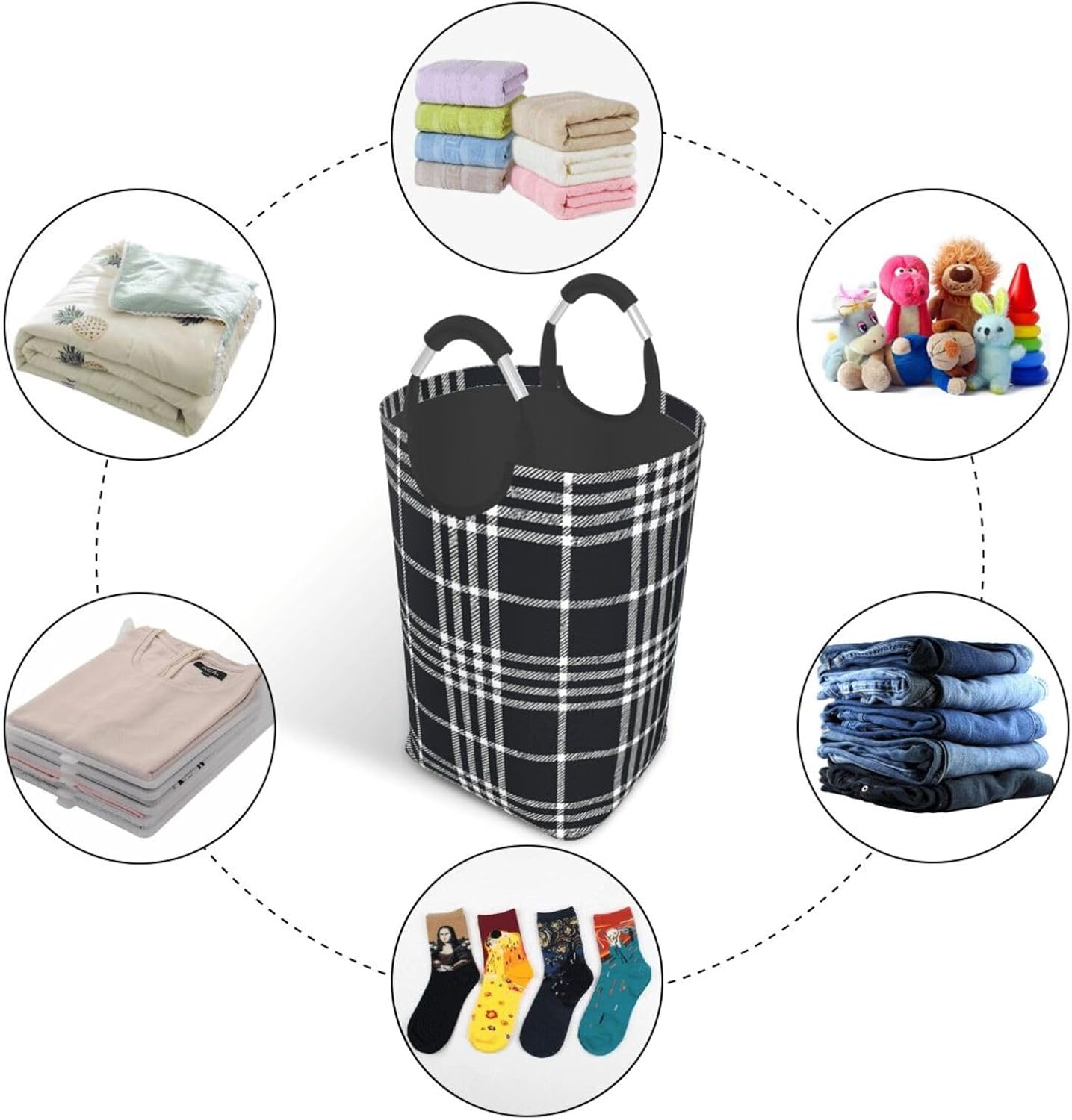 50l Laundry Basket Black White Plaid Waterproof Laundry Hamper Foldable Clothes Laundry Bag With Handles