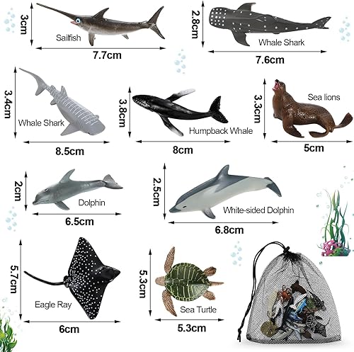 Miniatura 4 de Paquete de 20 juguetes realistas de criaturas marinas con bolsa de malla, juguetes surtidos de animales marinos, incluyendo tiburón, delfín, ballena