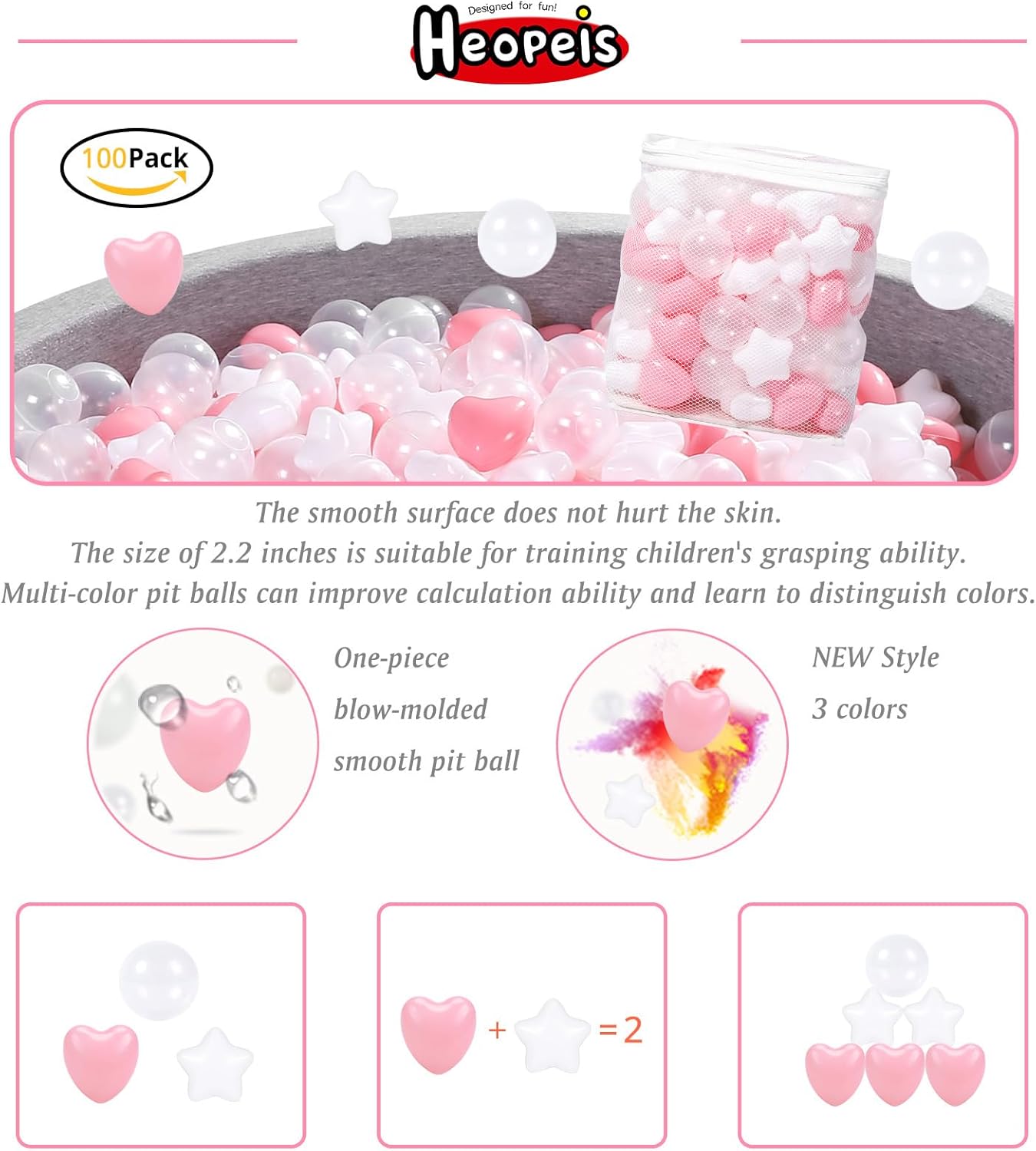 كرات حوض الكرات، 100 كرة محيطية وردية للأطفال، خيام لعب للأطفال، كرات بلياردو ناعمة من البلاستيك لتزيين أعياد الميلاد والحفلات، ألعاب الملاعب، كرات بلياردو - (اللون: وردي + أبيض + شفاف)