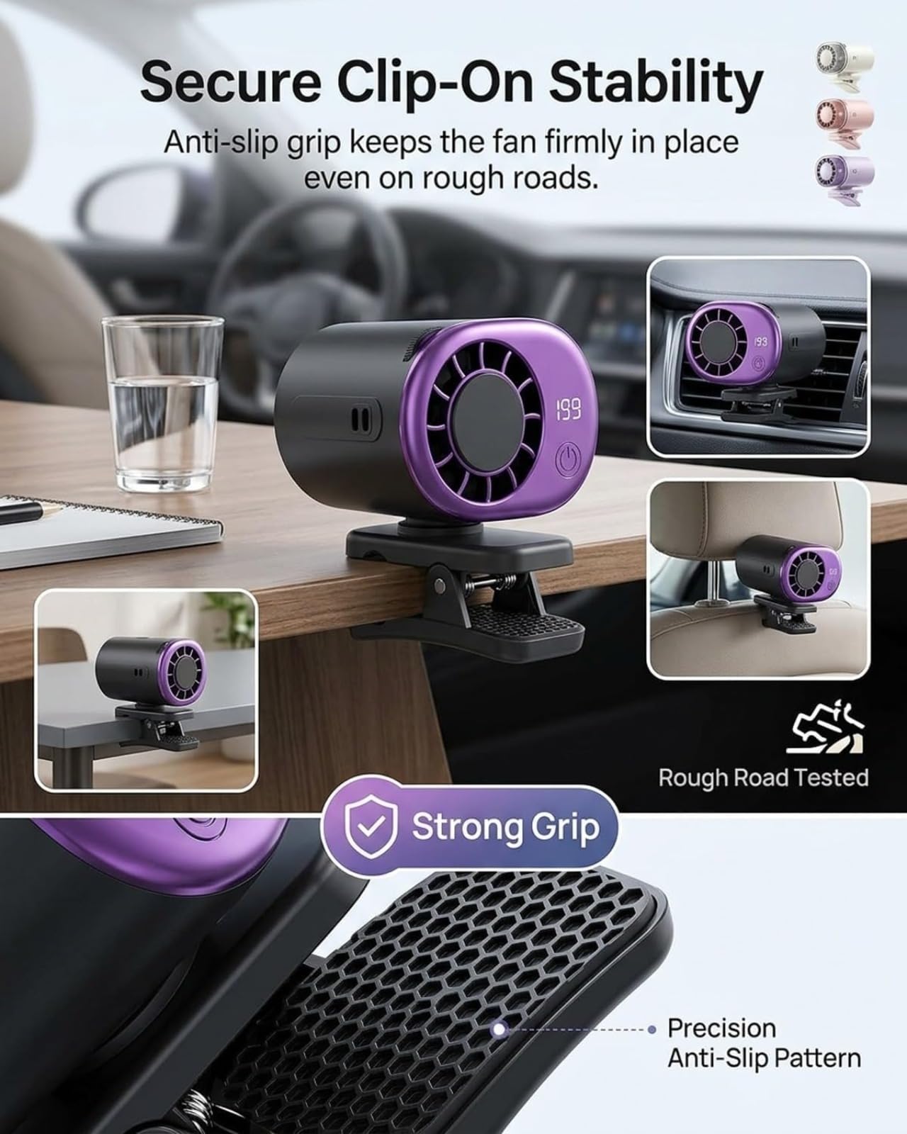 Ventola per condizionatore d'aria 2026 con clip per auto, con display a LED, mini sistema di raffreddamento portatile per auto, gadget alimentato a batteria ricaricabile tramite USB, rotazione a 360°