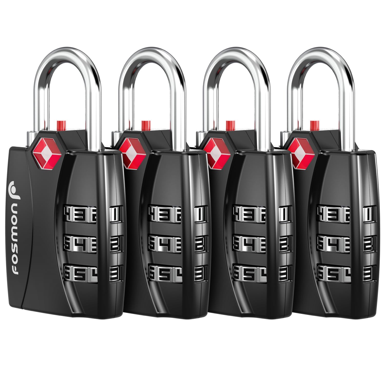 Fosmon TSA Accepted Luggage Locks (4-Pack), Open Alert Indicator TSA Locks 3 Digit Combination Padlock Codes with Zinc Alloy Body for Travel Bag, Suit Case, Lockers, Gym, Bike Locks (Black)