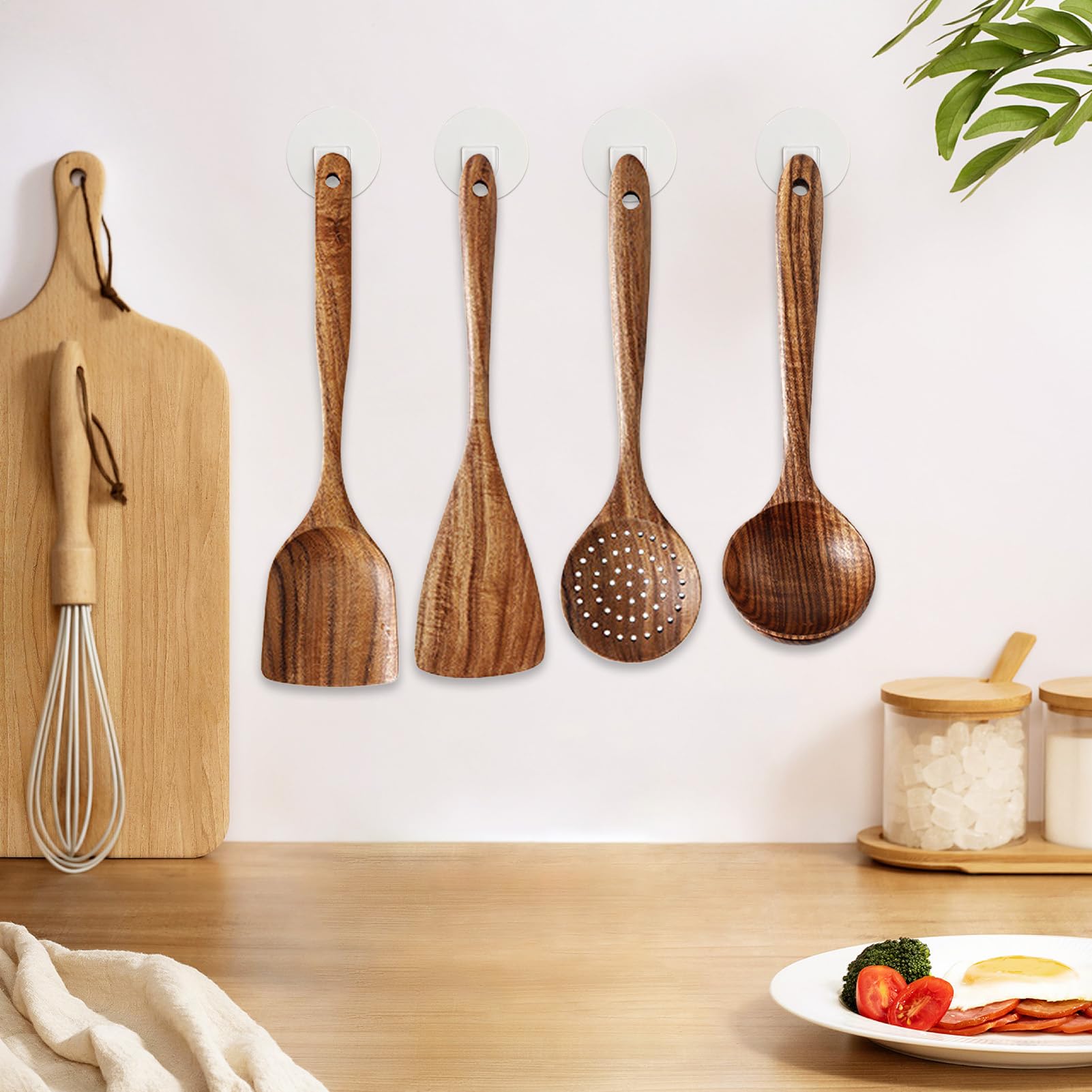 Utensilios de cocina de madera – Juego de 4 cucharas de cocina de madera | de acacia natural de 12.99 pulgadas | Juego de utensilios de cocina, cuchara de sopa grande, espátula de madera para mezclar
