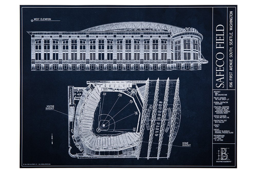 Safeco Field - Blueprint Style Print (Unframed, 18" H x 24" W)