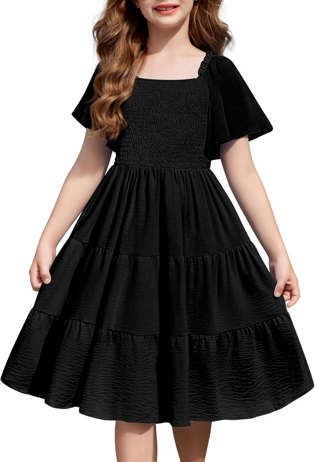 Arshiner Girls Summer Dress Tween Boho Casual Smocked Swing Flowy Ruffle Midi Dresses with Pockets