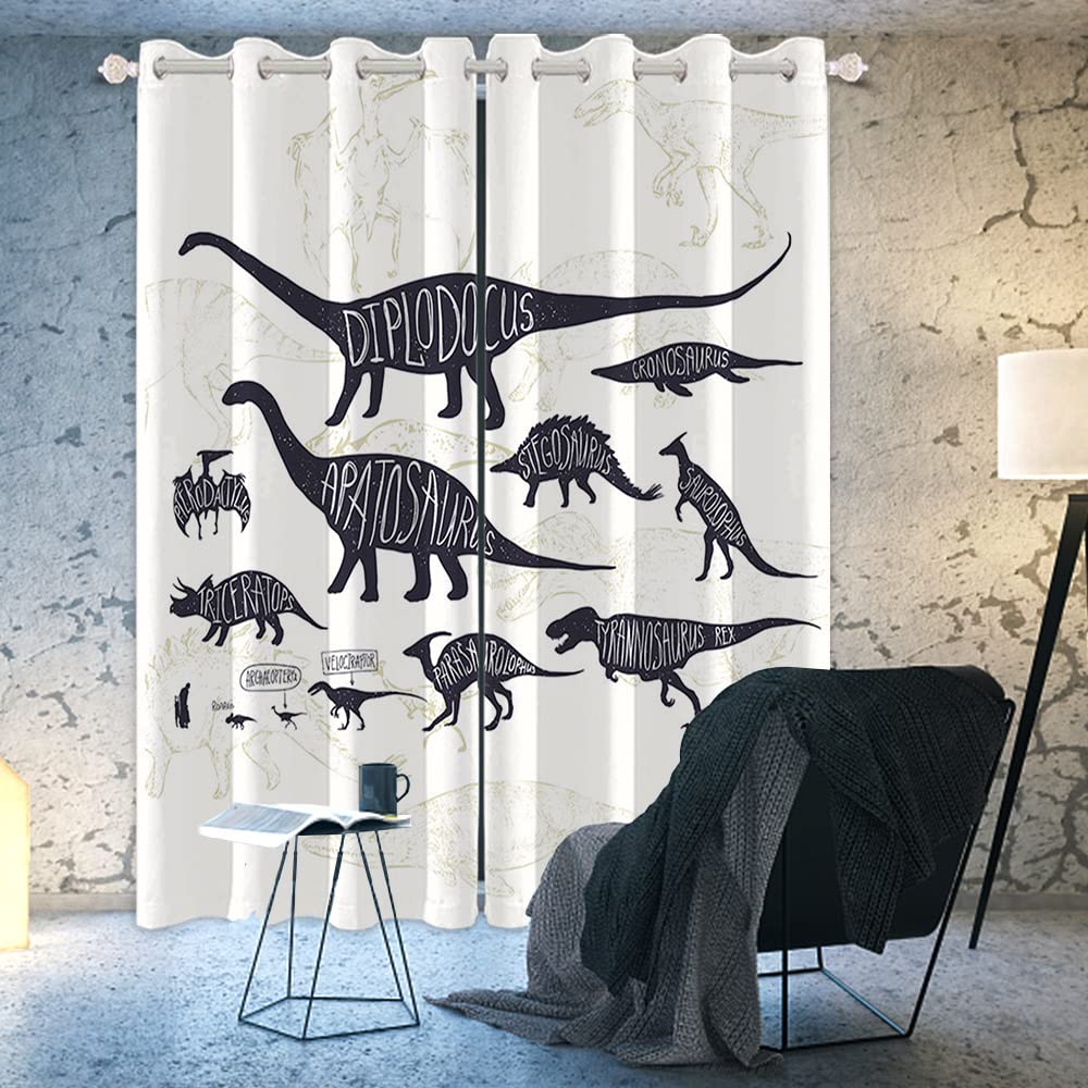 DORCEV Dinosaurs Curtains Kids Boys Bedroom Cartoon Blackout Window Curtains Wild Animals Ancient Jurassic Animals Dinosaur White Black Pattern Printed Living Room Window Drapes,21x63 inch,2 Panels