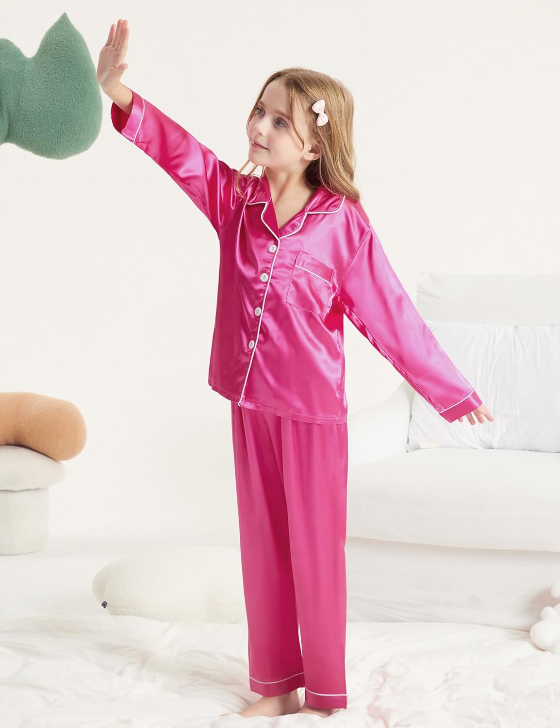 DIPUG Girls Pajamas Satin Long Sleeve Sleepwear Set Silky Feel Pjs for Kids Ages 4 to 13 - Image 2