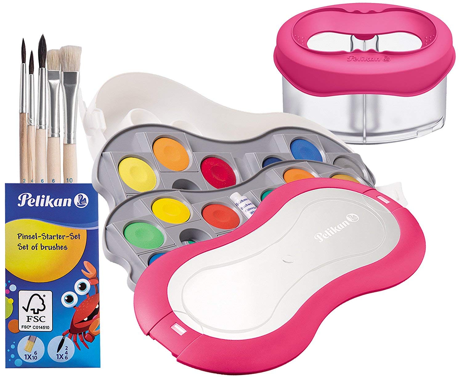 Pelikan Deckfarbkasten Space+ 735 SP/24 mit 24 Farben und 1 Tube Deckweiß (mit Becher + Pinsel-Set, Magenta)