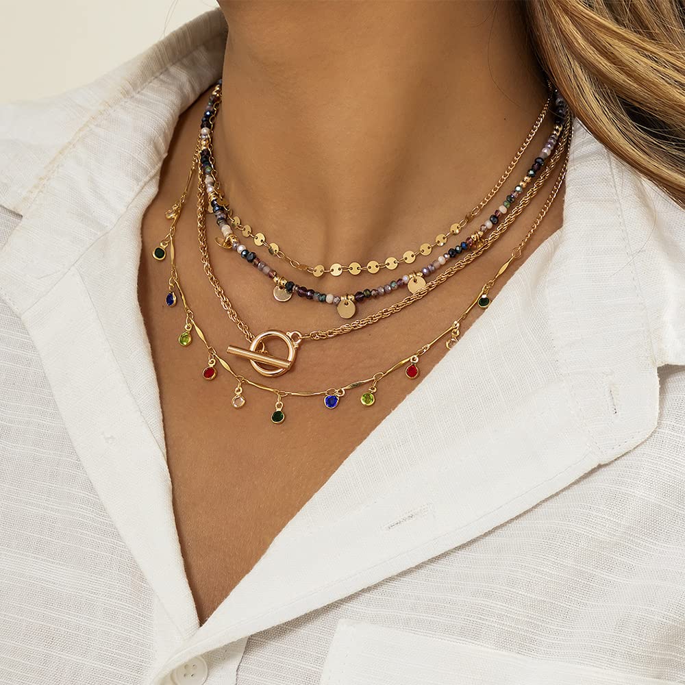 KercisbeautyRice Beads Choker Boho Multi Layer Gold Toggle Clasp Necklace with Sequins Gemstones Jewelry for Women Girls