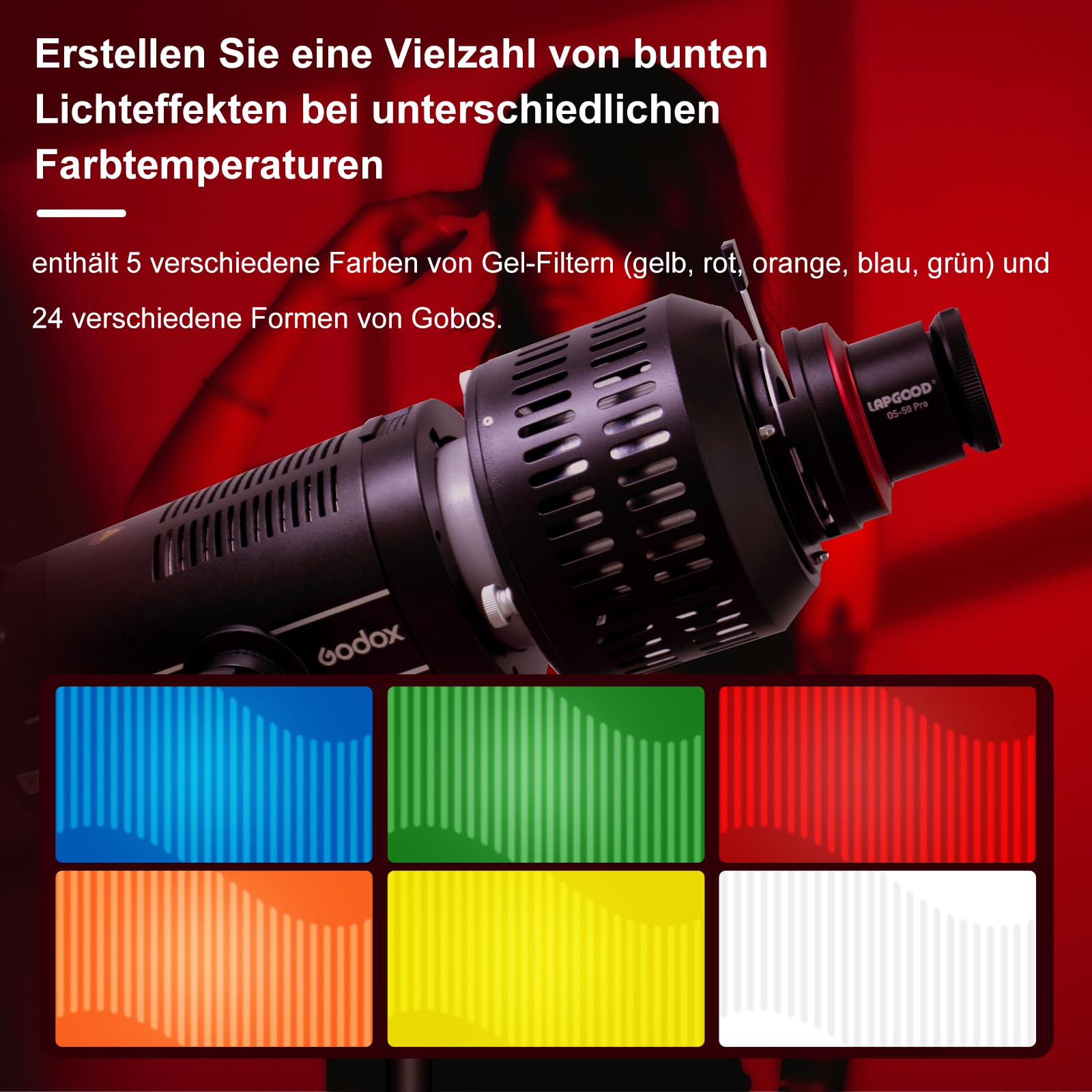 Optischer Konisches Snoot Bowens Mount Kit OS-50Pro, OS-50Pro Konisches Snoot Kit mit 50 mm Objektiv, Farbfilter und Gobos, für Monolight LED Spotlight Studioblitz