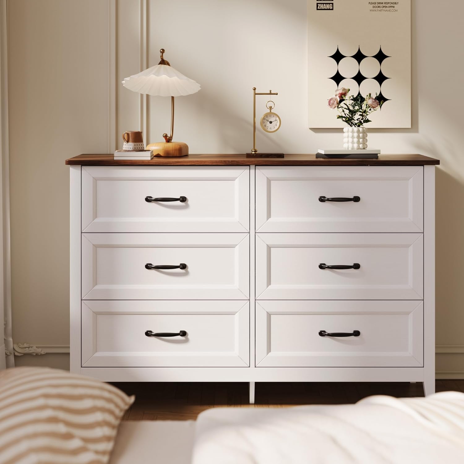 Gizoon 47.2" W Dresser for Bedroom, 6 Chest of Drawers, Modern Drawer Dresser, Wood TV Stand for Living Room, with Smooth Rail, Metal Handles, Anti-tip, Hallway, Retro