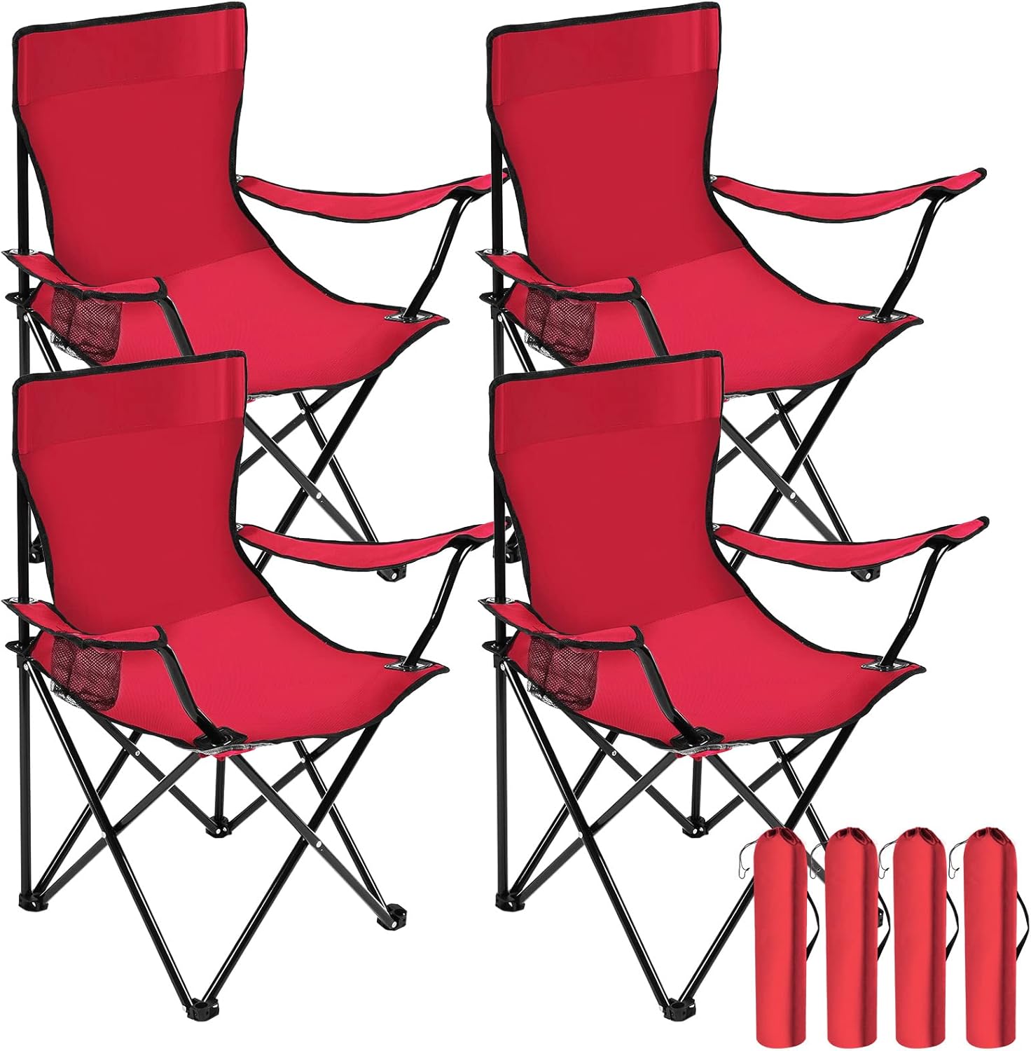 4 Pack Folding Camping Chairs with Carrying Bag Portable Lawn Chairs Lightweight Beach Chairs Outdoor Collapsible Chair with Mesh Cup Holder for Travel Outside Camp Beach Fishing Sports Red 4