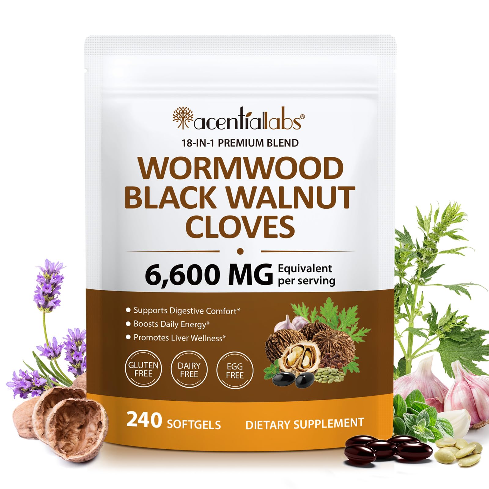 Wormwood Black Walnut Clove Herbal Cleanse Supplement, 240 Softgels with Pumpkin Seed & Garlic, Gluten-Free, Dairy-Free