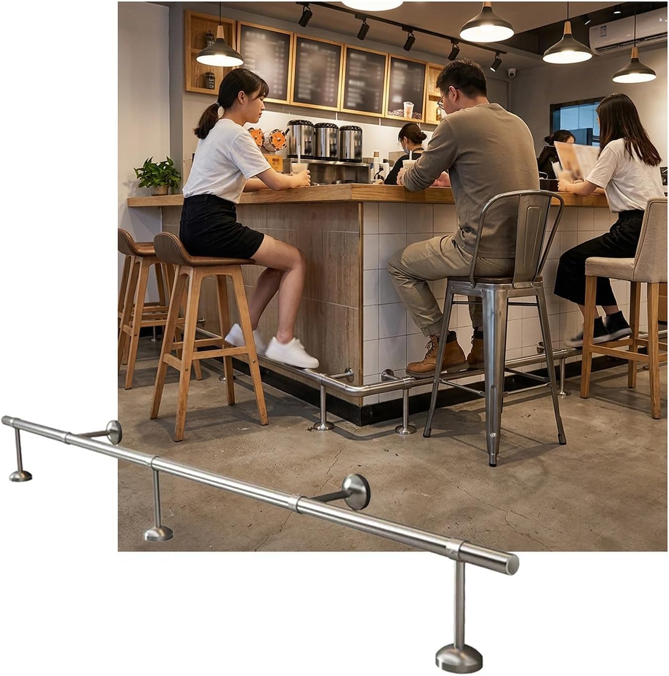 Hgouhk Silver Bar Foot Rail Kit Metal Bar Foot Rail Kit For Indoor，Stainless Steel Feet Rails For Kitchen Cafe Reception Desk Counter(,2.5M/8.20Ft)