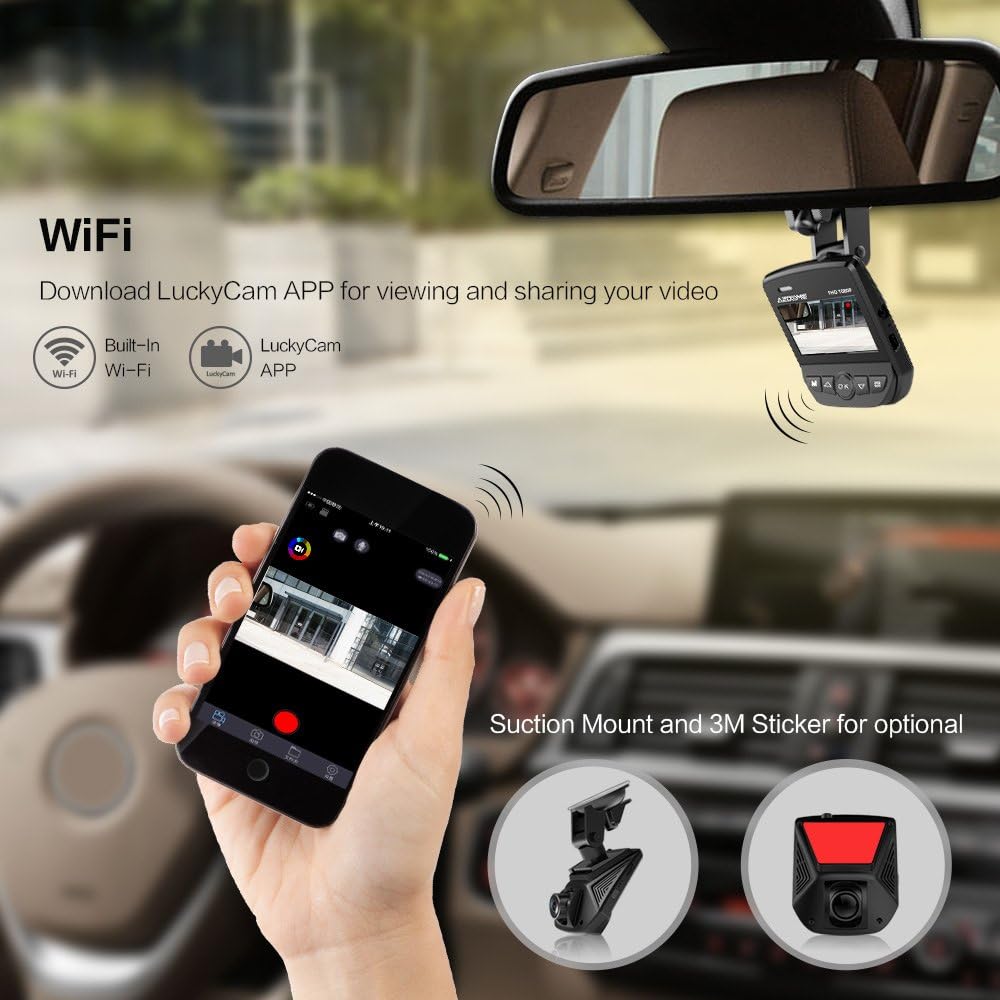 Diagram showing Wi-Fi connectivity with a smartphone and options for suction mount and 3M sticker mount.