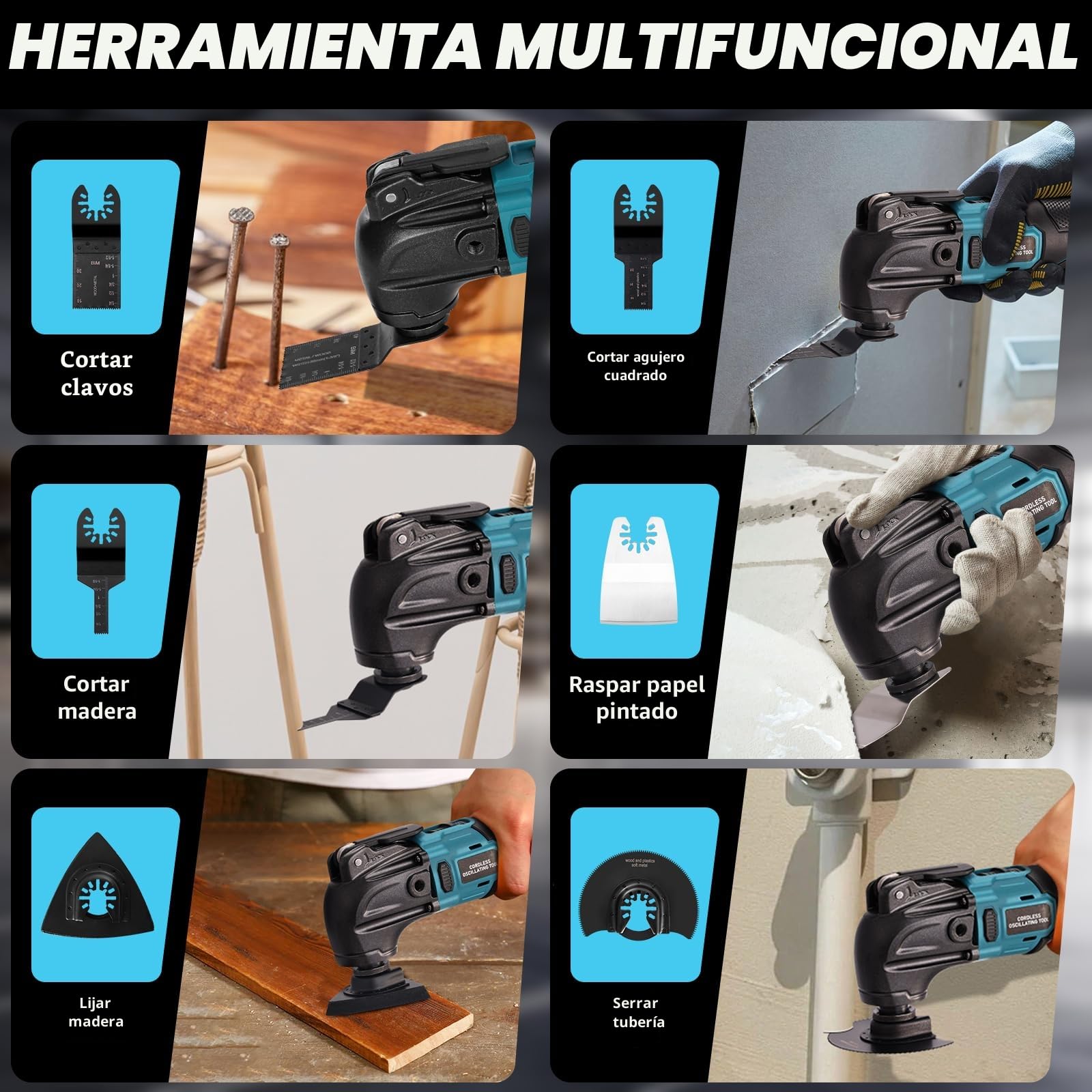 Multiherramienta Oscilante, Herramienta Multifunción Inalámbrica Sin Escobillas Para 2 baterías PCS 21V 4.0Ah, Kit De 26 PCS con Mango Adicional Para Corte, 6 Variables, 8500-22000 rpm