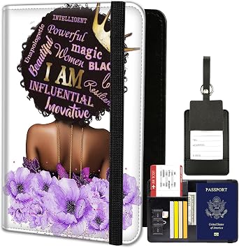 Passport Holder for Women Men, PU Leather Travel Passport Wallet and Luggage Tag Set, Waterproof Passport Case Book with Credit Card Slots, Passport Cover RFID Blocking,Flowers and Afro-Black Women