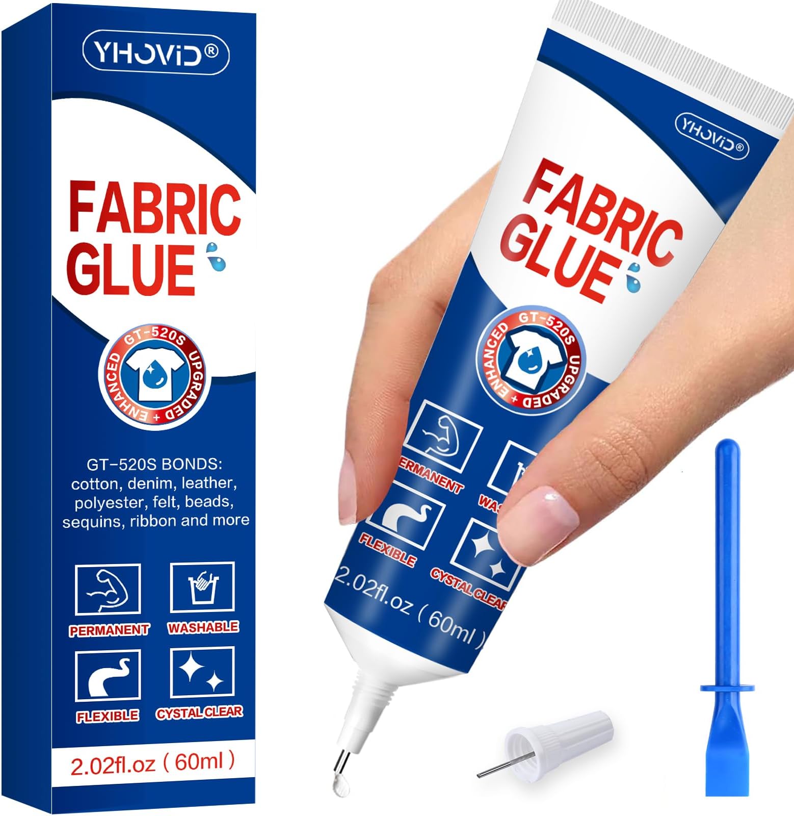 Fabric Glue for Clothing Permanent Washable, 60ML Liquid Stitch, Fabric Adhesive, Anti-Fray Check, Super No-Sew Clear Fusion Glue for All Patches, 24 Hour Dry and Waterproof