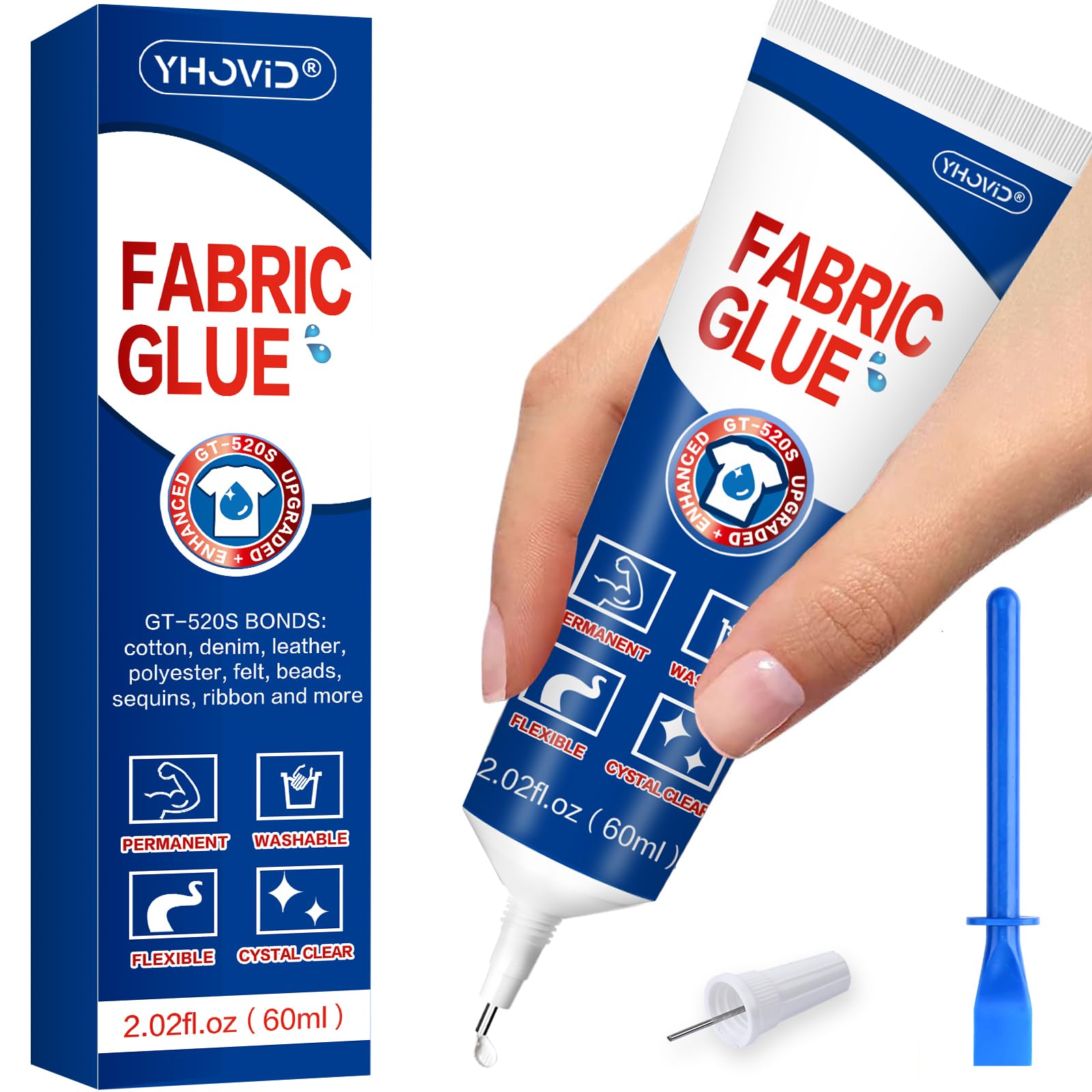 Fabric Glue for Clothing Permanent Washable, 60ML Liquid Stitch, Fabric Adhesive, Anti-Fray Check, Super No-Sew Clear Fusion Glue for All Patches, 24 Hour Dry and Waterproof