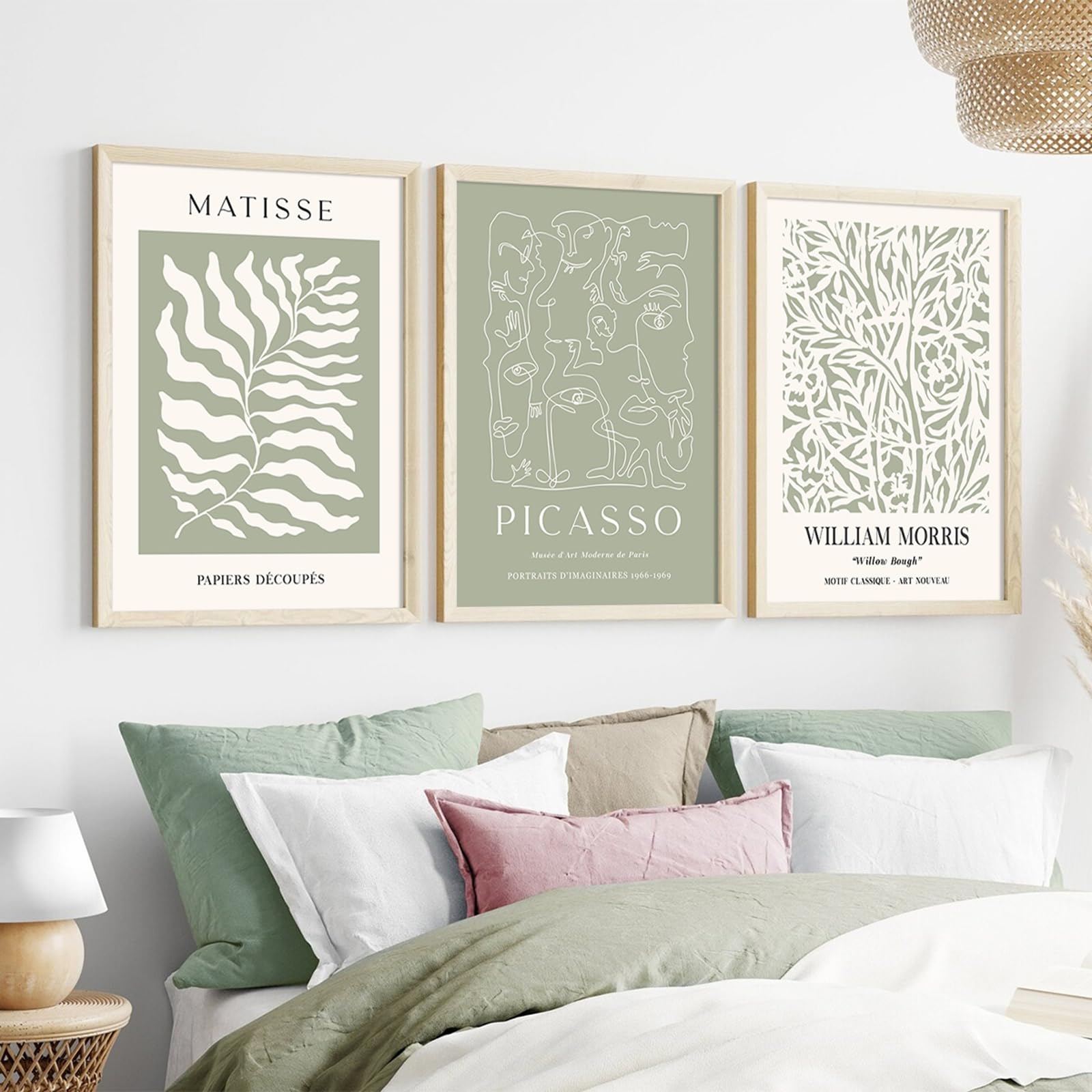 Zbello 1 Set Of 3 Posters, Boho Green Geometric Plant Wall Art, Abstract Matisse Posters, Vintage Canvas Prints, For The Living Room, Bedroom, Bathroom Or Office, Unframed (21X30cm)
