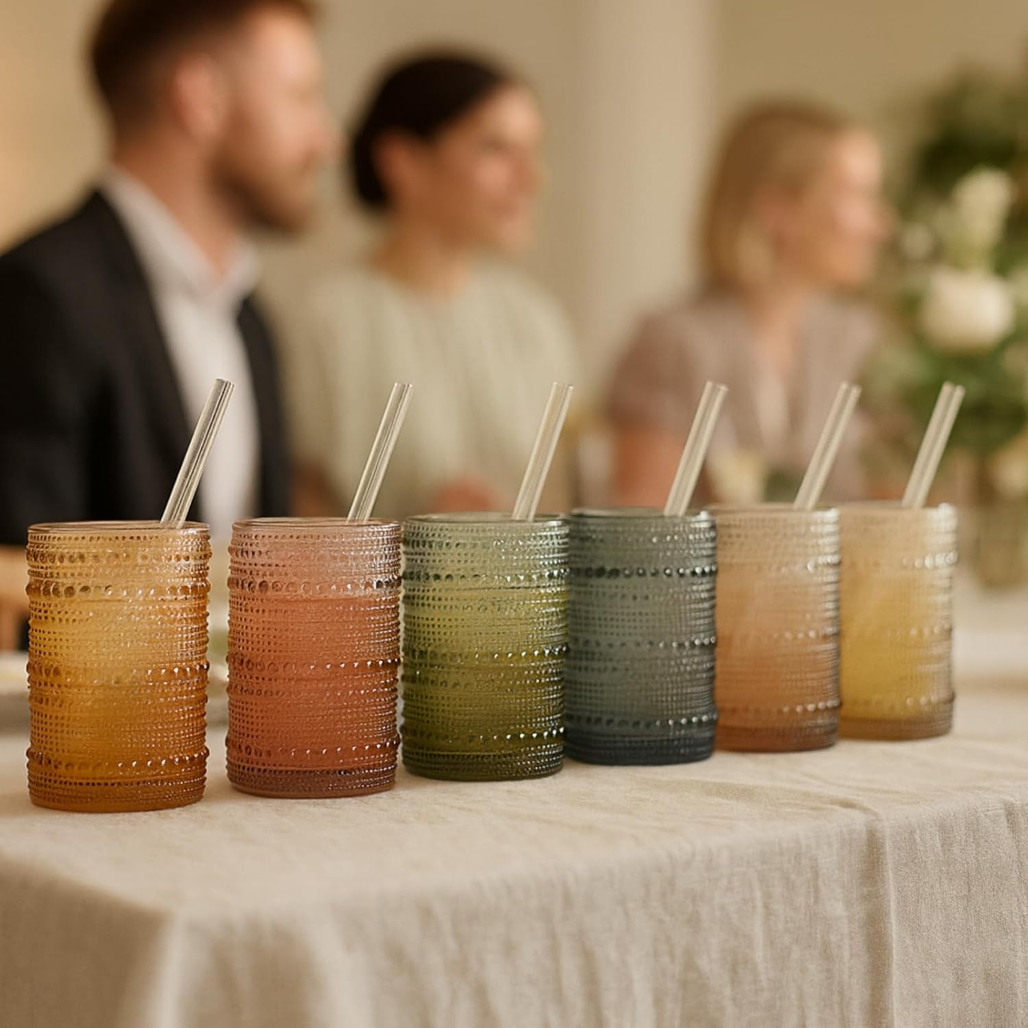 Khen Hobnail Drinking Glasses & Straws, 6x Neutral Muted Colors 14oz Vintage Glassware Set of 6 Embossed Vintage Water Cups, Highball Glasses for Cocktail, Whiskey, Beer & Juice, Dishwasher Safe Gift