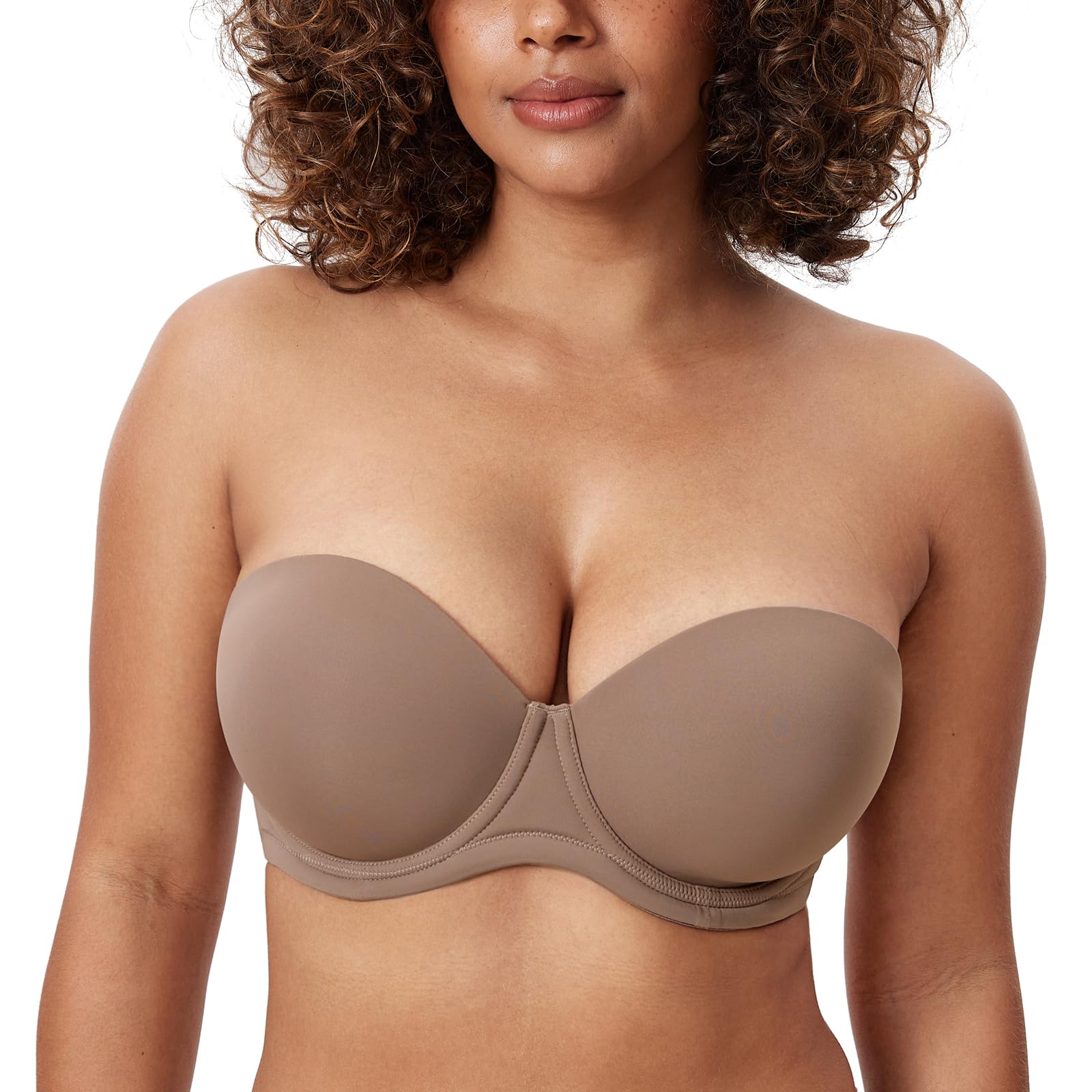 DELIMIRA Women's Strapless Bra Push Up for Bigger Bust Multiway Underwire Smooth Bandeau Bra Brown Purple 34DD