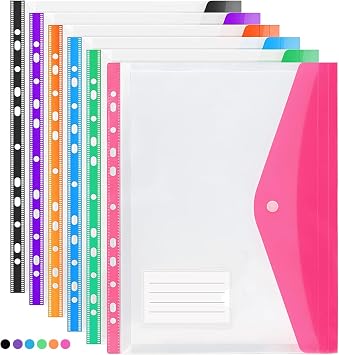 6 Pcs Punched Pockets A4 Plastic Wallets File Folders Clear Assorted Coloured Envelope with Label Pocket Snap Button for School Home Office (Side Opening)