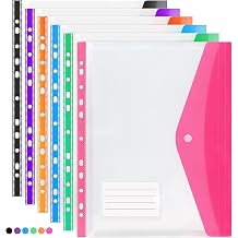 6 Pcs Punched Pockets A4 Plastic Wallets File Folders Clear Assorted Coloured Envelope with Label Pocket Snap Button for School Home Office Side Opening