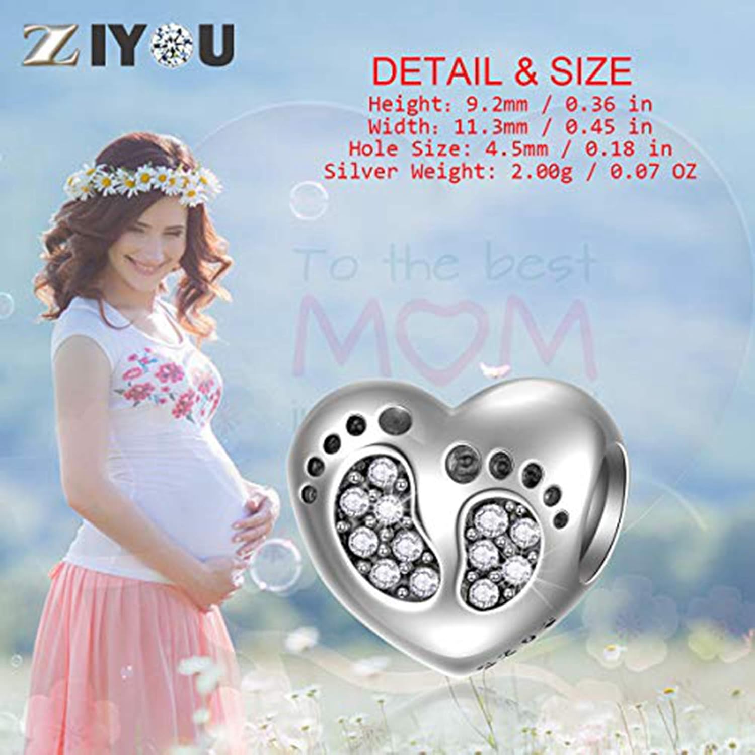 Baby Footprints Bracelet Charms - 925 Sterling Silver Pendant, Heart Birthstone plated Crystals - Mini Beads Fit Pandora Charm Bracelets, Necklaces, European Snake Chains, Gift to New Mom/Child(White) - Image 6