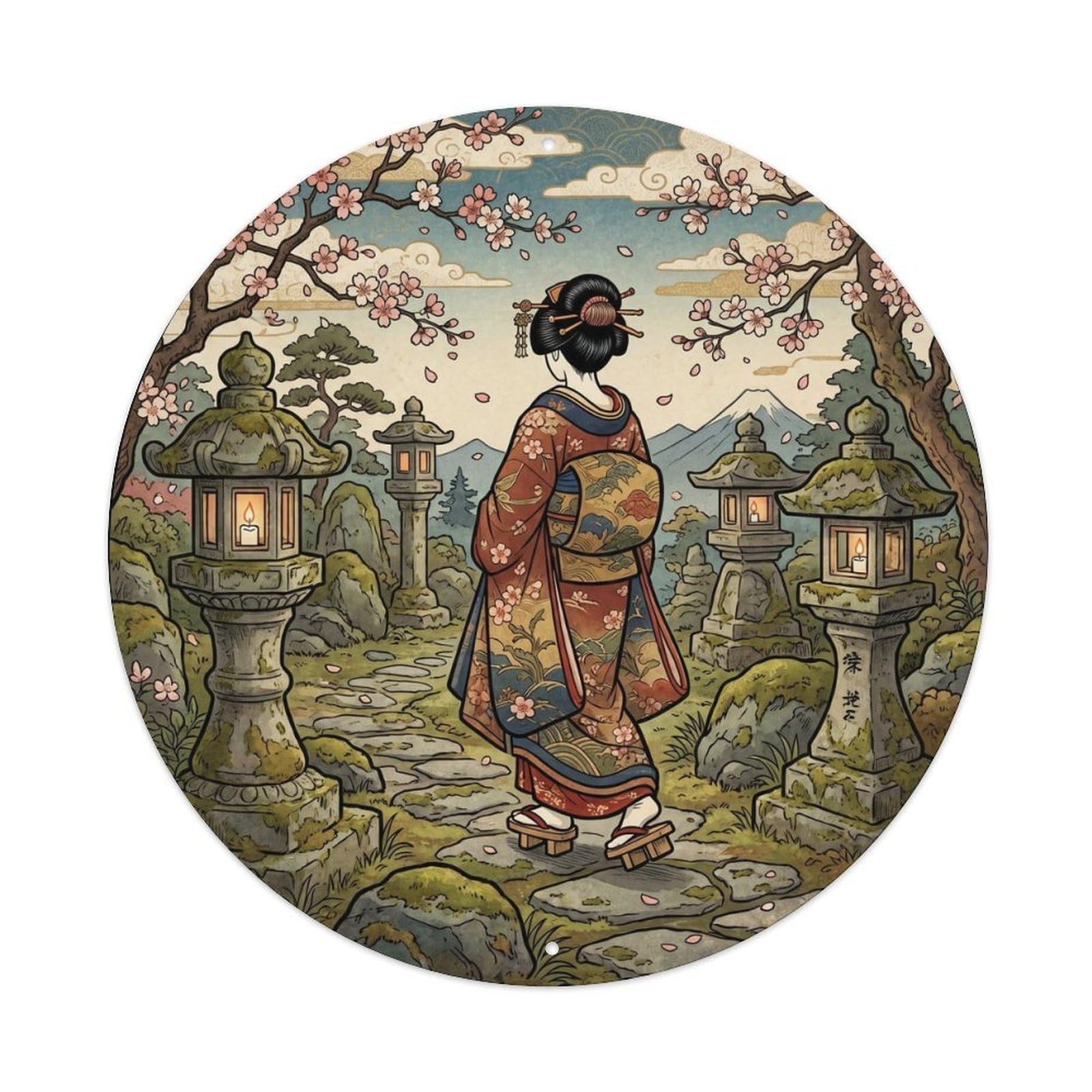Fqnyr Style Metal Tin Sign Japanese Geisha Among Stone Lanterns Heritage