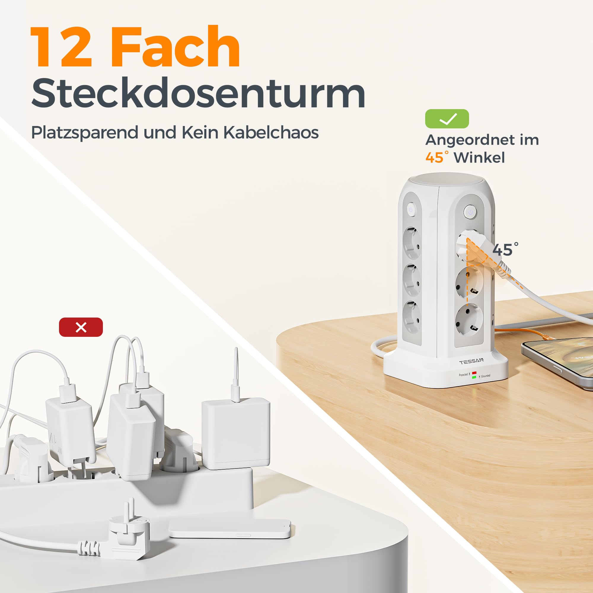 TESSAN Mehrfachsteckdose mit USB, Verlängerungskabel 5M, Weiß | 12 Fach Steckdosenleiste mit 4 Einzelnen Schalter, 2 USB C und 4 USB A, Verteilersteckdose 3680W, Steckdosenturm für Zuhause
