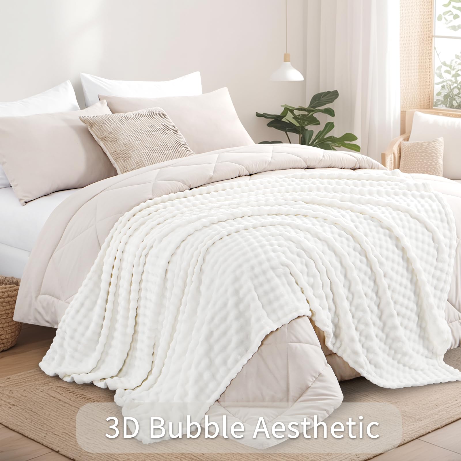 RUIKASI Fleece Throw Blanket for Bed - White Fluffy Bubble Throws Queen Size Cozy Blanket with Reversible Design, 220x240 cm - Image 4
