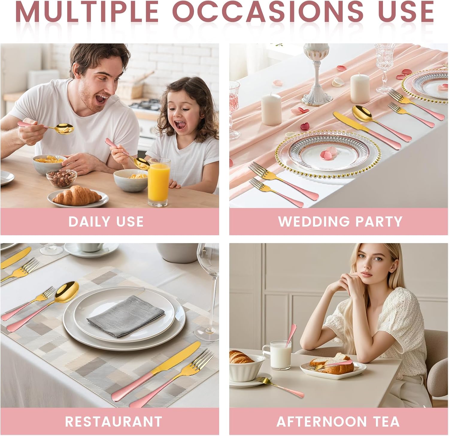 New Gradient Purple Gold Silverware Set for Family Dining Room,24-Piece Flatware Set with Organizer,Heavy Duty Stainless Steel Silverware for 6,Rust-proof Stainless Steel Cutlery (Pink Gold)