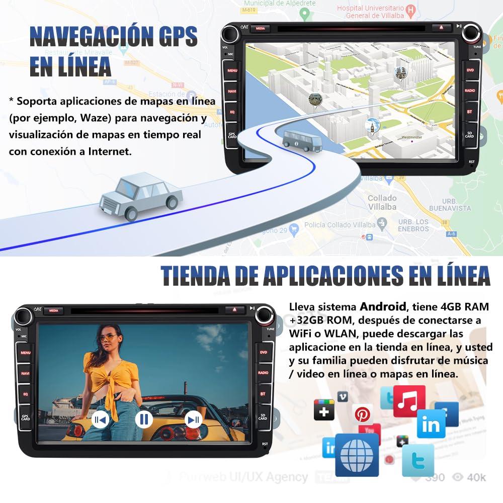 AWESAFE Android [4GB+64GB] Radio Coche admite SIM 4G con Pantalla 2 DIN CD/DVD para VW, Autoradio CarPlay/Android Auto para VW conBluetooth/RDS/USB/FM/SD/RCA, Admite Mandos del Volante y Aparcamiento