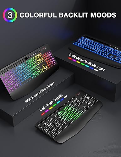 Miniatura 3 de SABLUTE Combo de teclado y mouse inalámbricos, 9 efectos retroiluminados, reposamuñecas, soporte para teléfono, teclados ergonómicos sin retrasos de