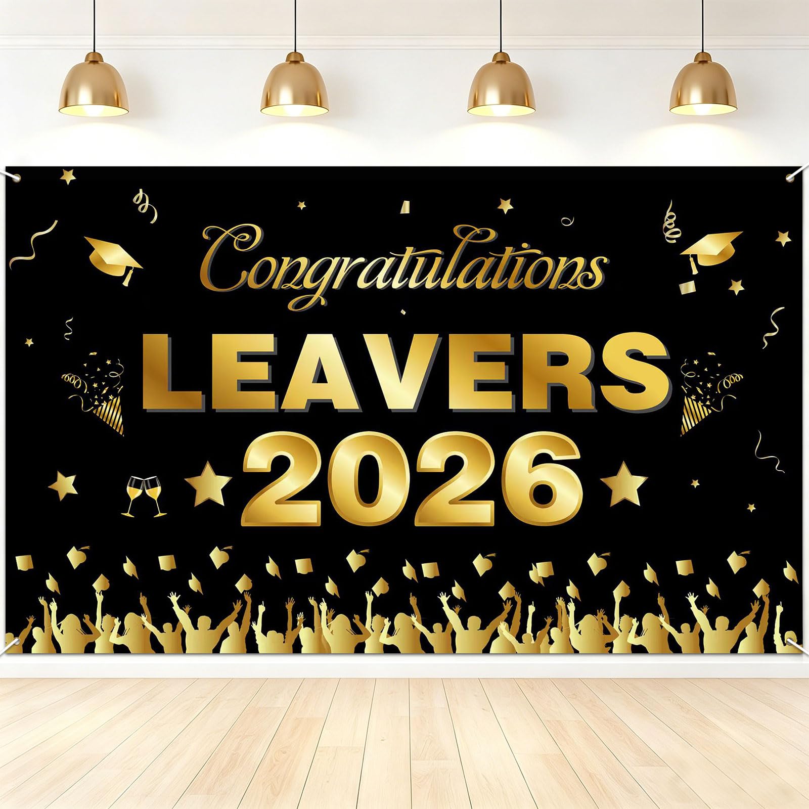 Congratulations Leavers 2026 Decorations - 71 X 43 Inch Graduation Backdrop, Great Graduations Party Supplies 2026, Gold and Black Graduations Decorations for Indoor Outdoor