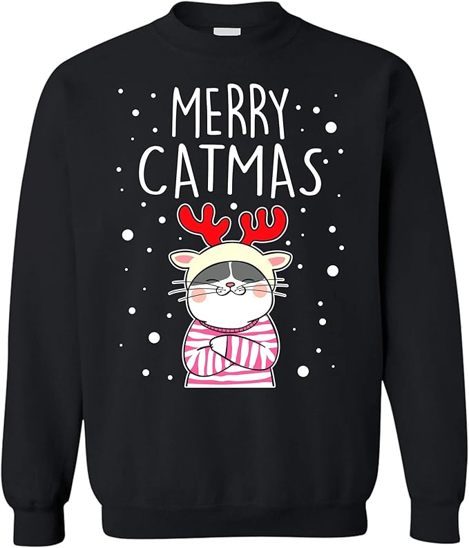 Teeland Funny Merry Christmas Sweatshirt Snow Reindeer Merry Catmas for