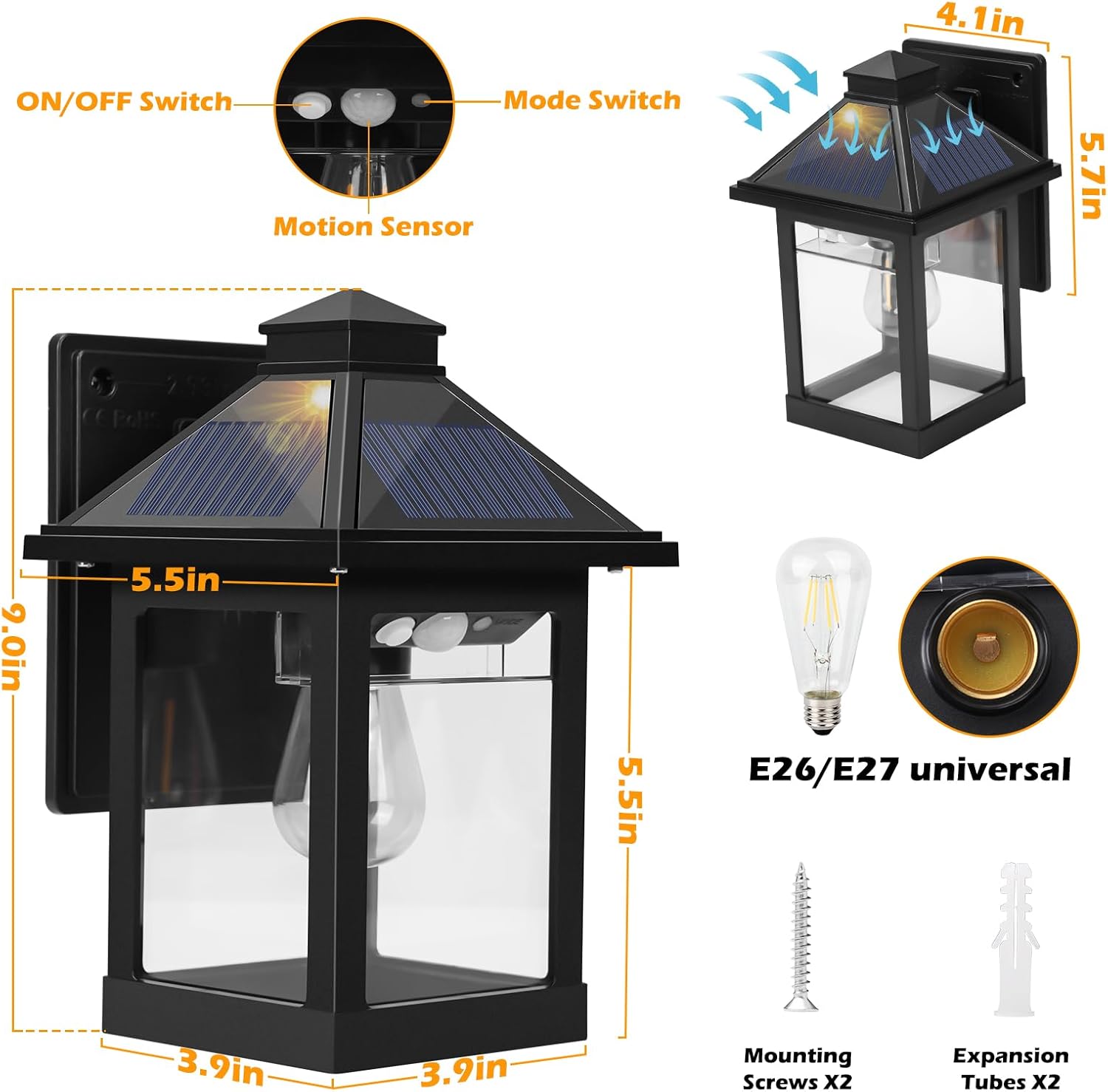 Solar Porch Lights Outdoor, Solar Wall Lanterns with 3 Modes Motion Sensor & IP65 Waterproof, Dusk to Dawn LED Outdoor Sconce Lights for House, Exterior Garage Patio Fence Security Lamp