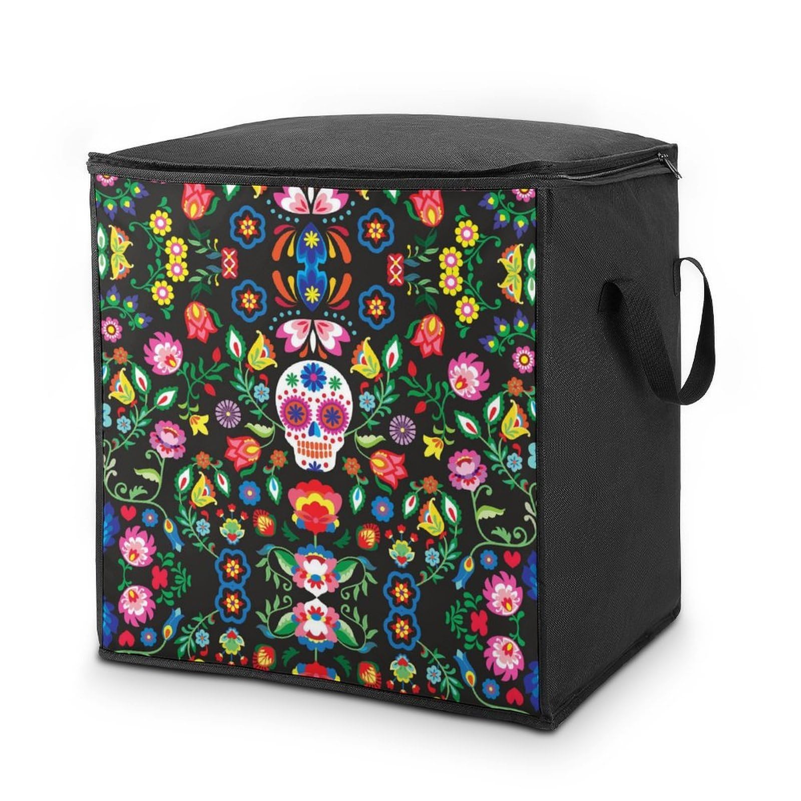 Lyfthologen 70L Storage Bags, Mexican Sugar Skulls Storage Box with Lid Zipper And Handles, Clothes Bags for Quilt, Blankets, Bedding