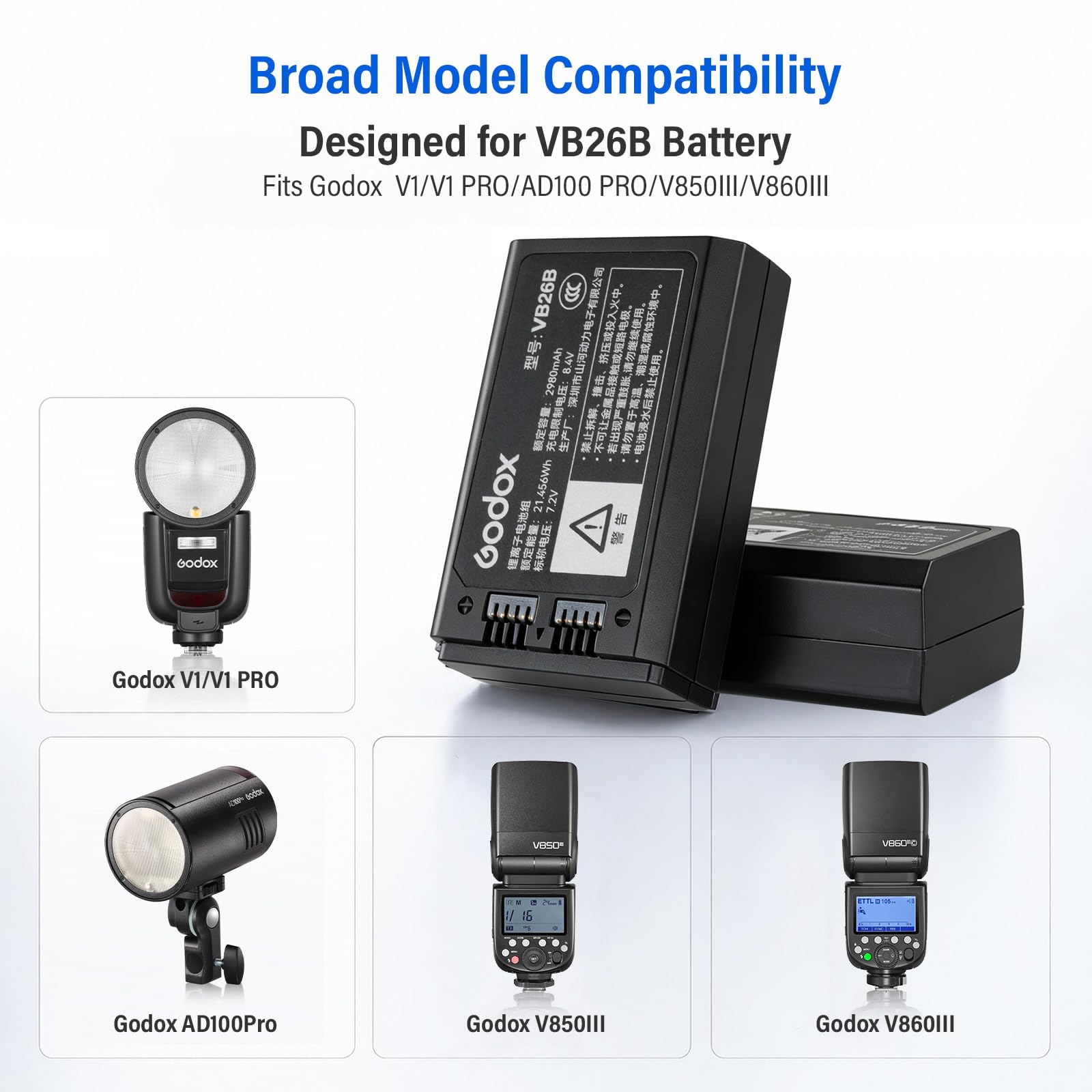 Godox VB26B VB26 Batterie 7,2 V/2 980 mAh pour Les Flashes Godox V1C V1N V1S V1F V1O V1P Ainsi Que pour Les modèles V860III V850III MFR76 et AD100PRO (2026)