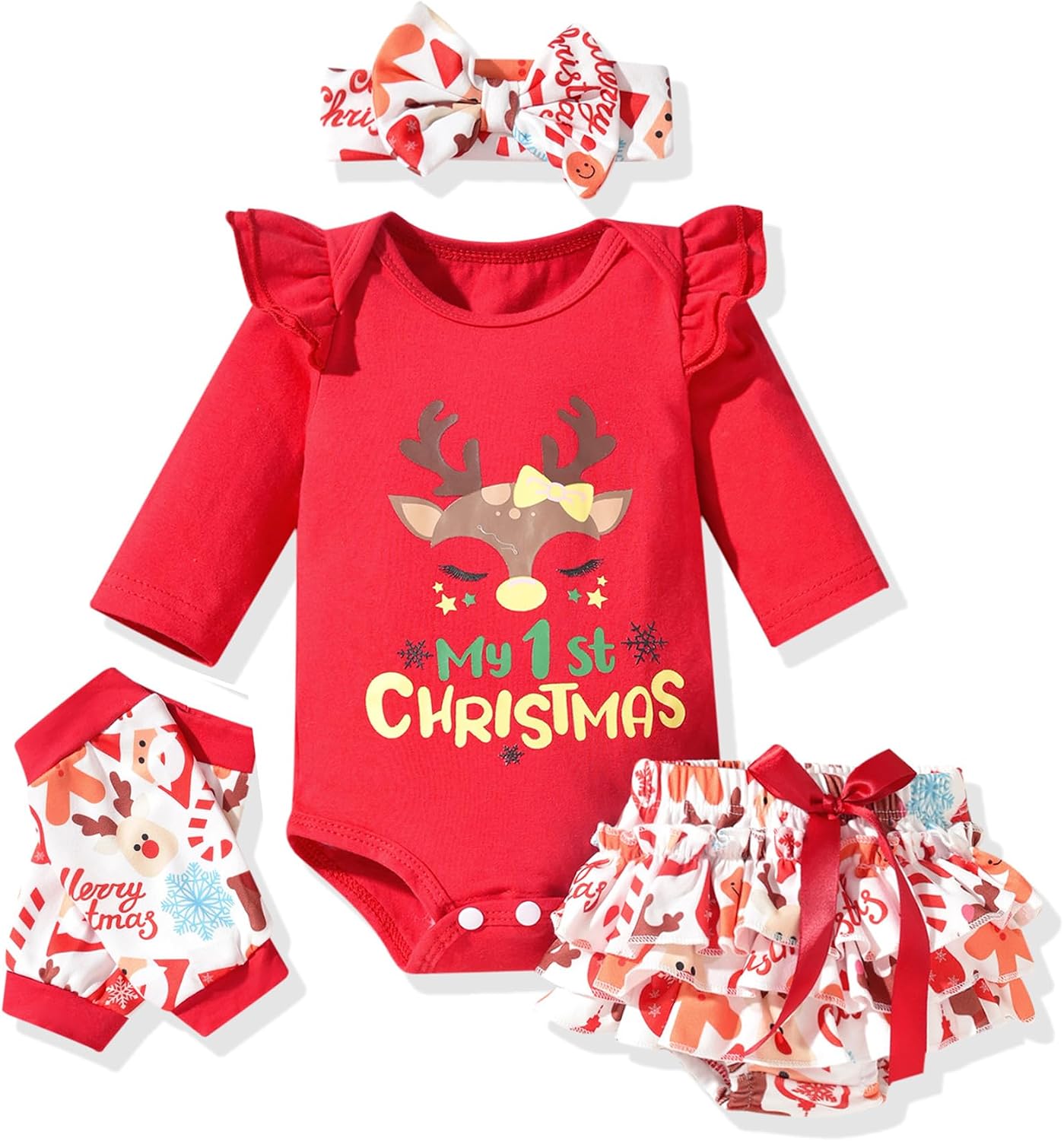 Newborn Baby Girls Christmas Clothes Outfits Infant Reindeer My First Christmas Bodysuit Romper Shorts Clothing Sets for Xmax